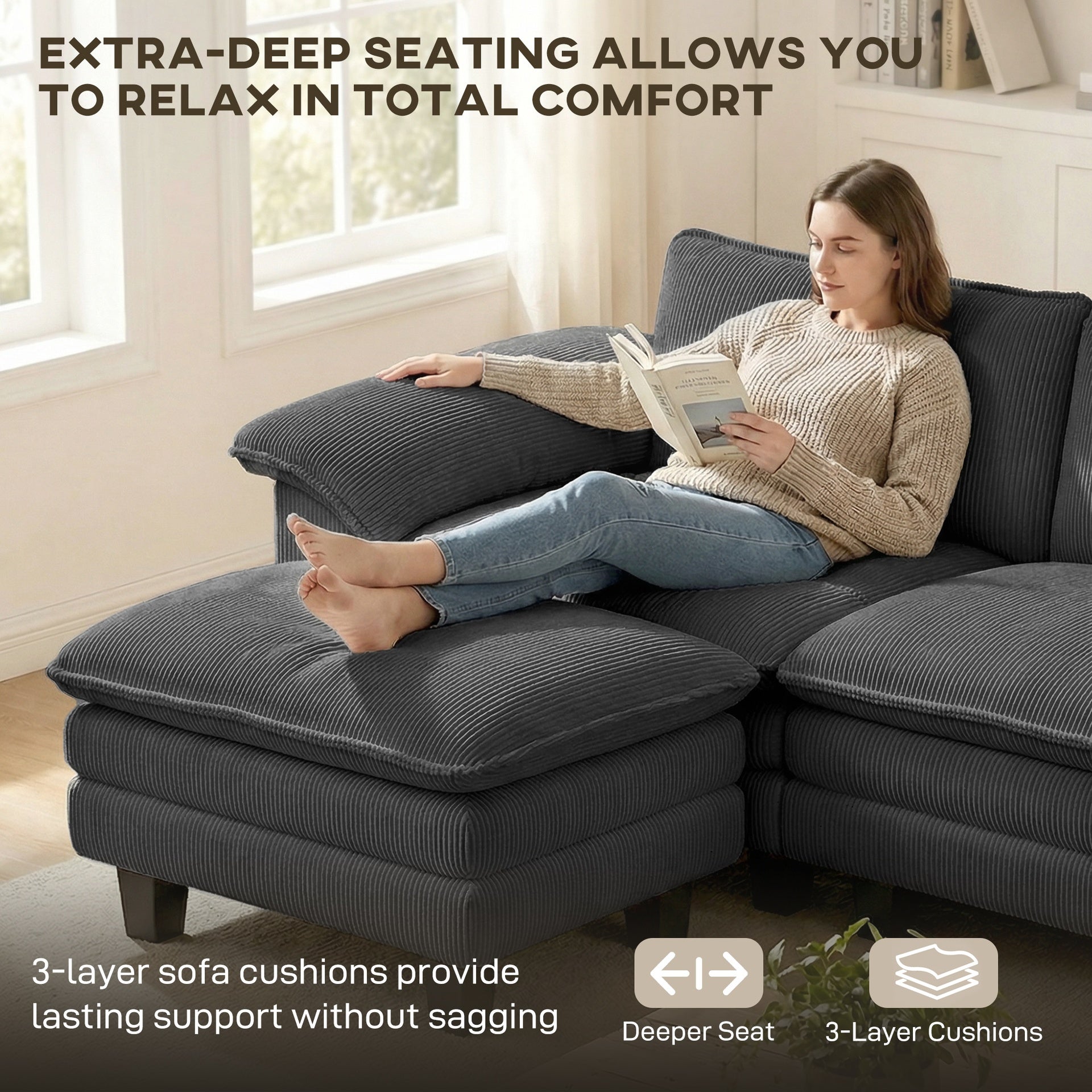 HOMCOM Sectional Sofa, L Shaped Couch with Deep Seat, Movable Ottoman and Pillow-top Armrests, Dark Gray