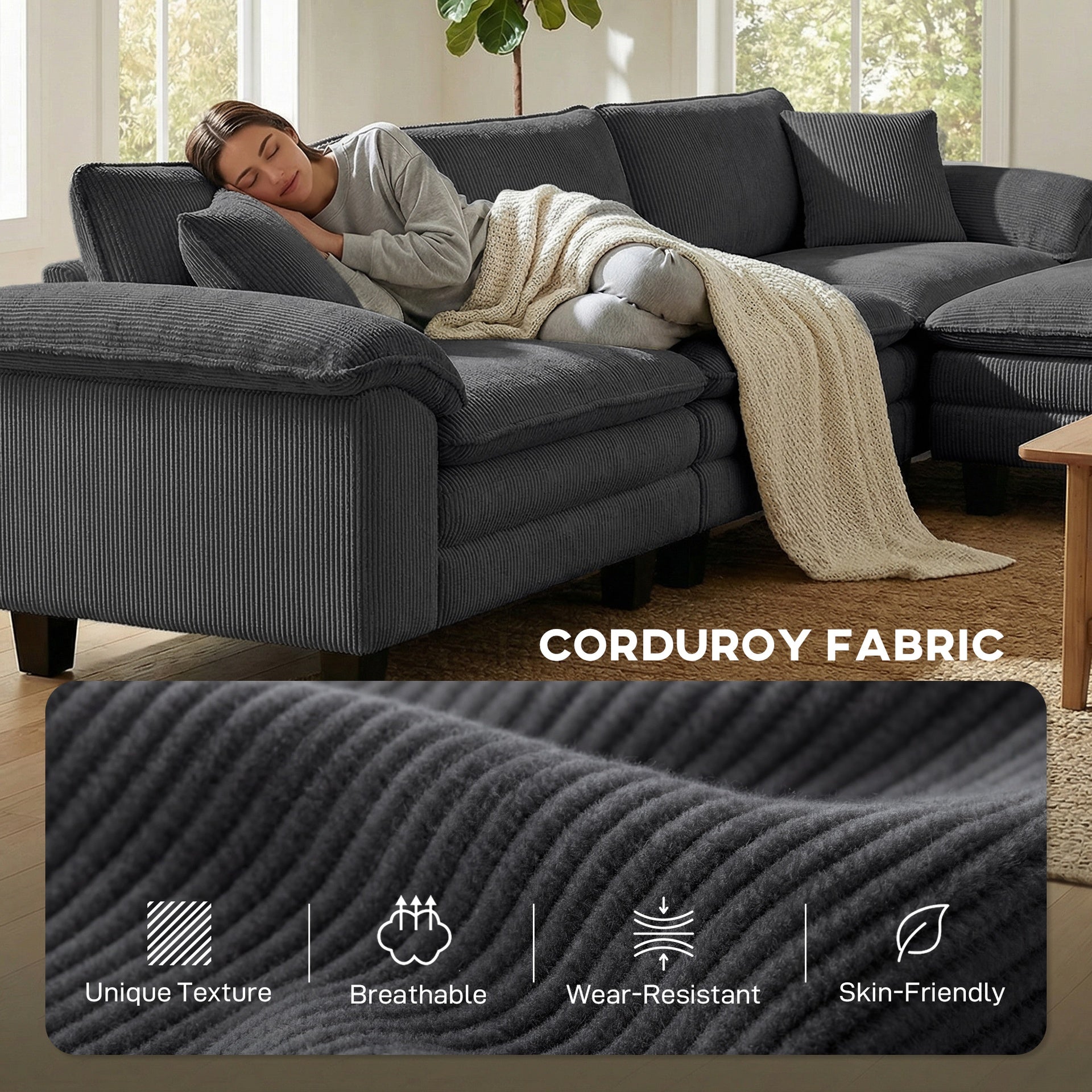 HOMCOM Sectional Sofa, L Shaped Couch with Deep Seat, Movable Ottoman and Pillow-top Armrests, Dark Gray