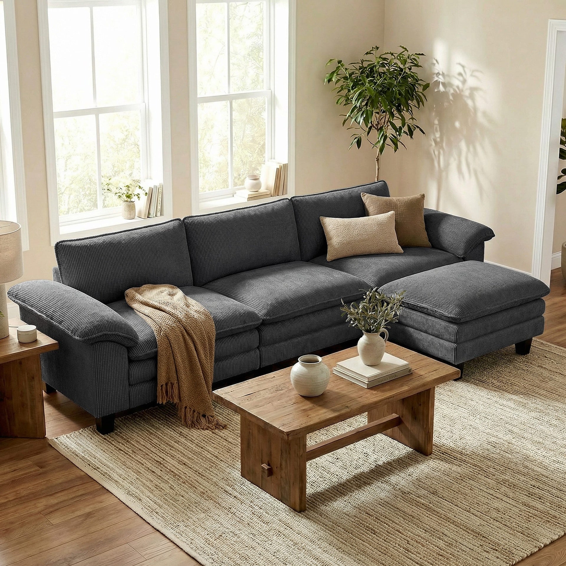 HOMCOM Sectional Sofa, L Shaped Couch with Deep Seat, Movable Ottoman and Pillow-top Armrests, Dark Gray