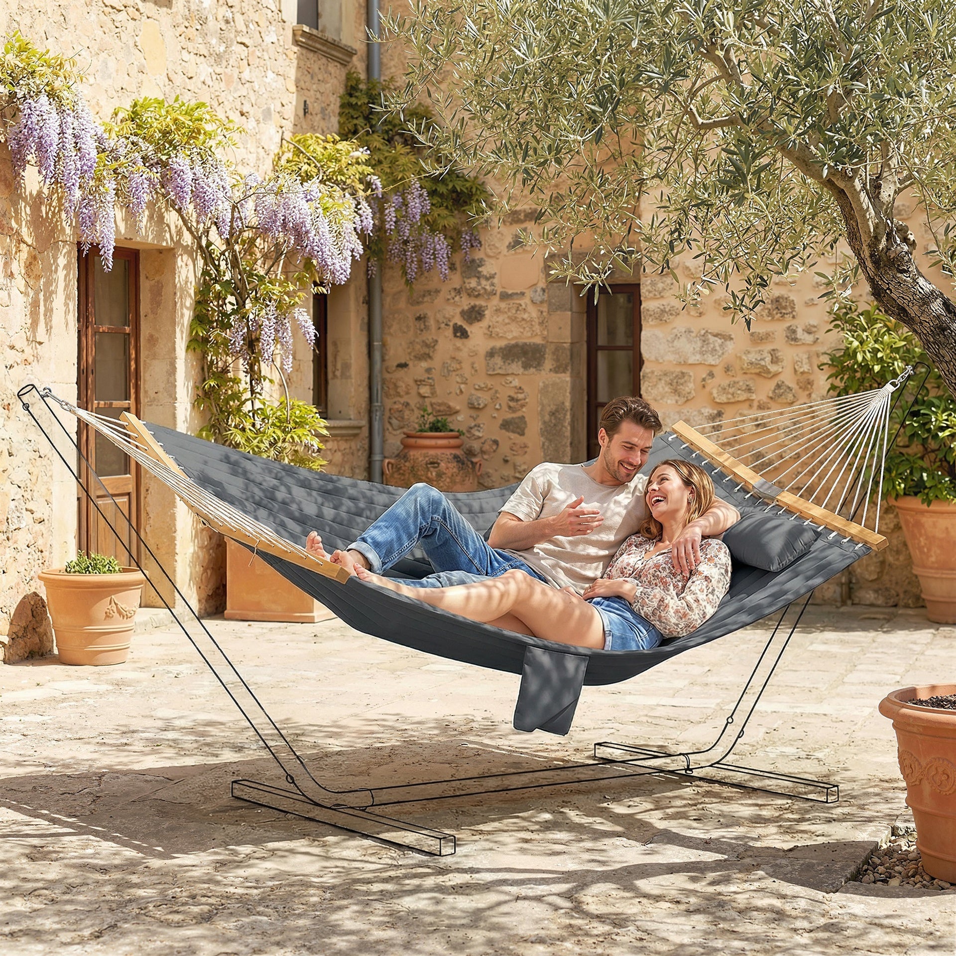 Outsunny Outdoor Hammock 2-Person, with Pillow & Pad, 440 lbs Capacity, Gray