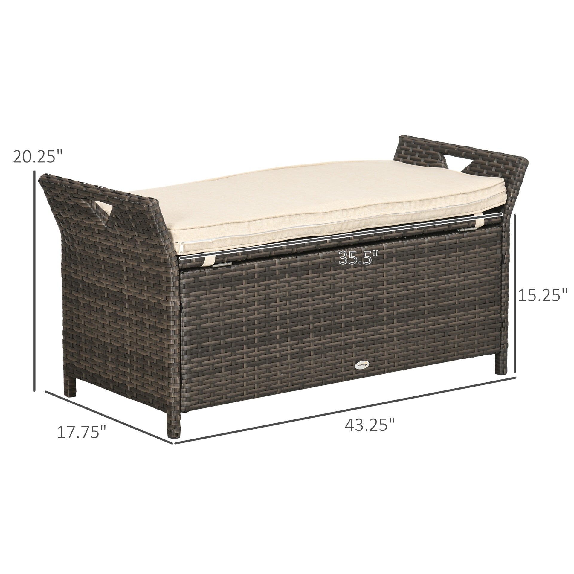 Outsunny 29 Gallon Patio Wicker Storage Bench, Outdoor PE Rattan Furniture, 2-In-1 Large Capacity Rectangle Garden Storage Box with Handles and Cushion, Cream White