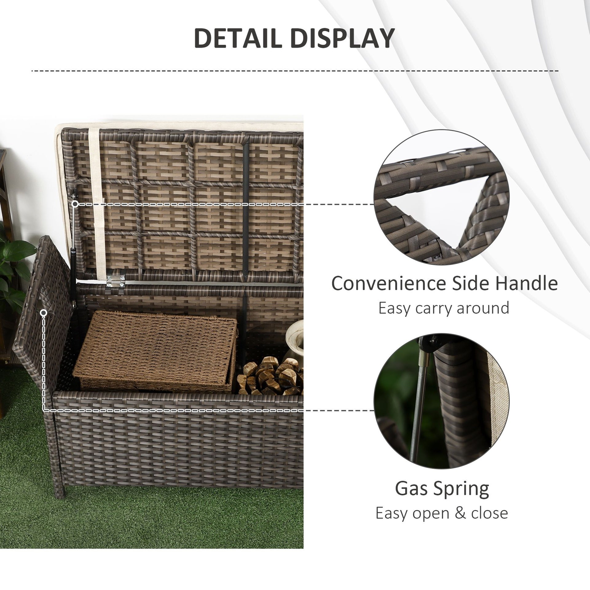 Outsunny 29 Gallon Patio Wicker Storage Bench, Outdoor PE Rattan Furniture, 2-In-1 Large Capacity Rectangle Garden Storage Box with Handles and Cushion, Cream White