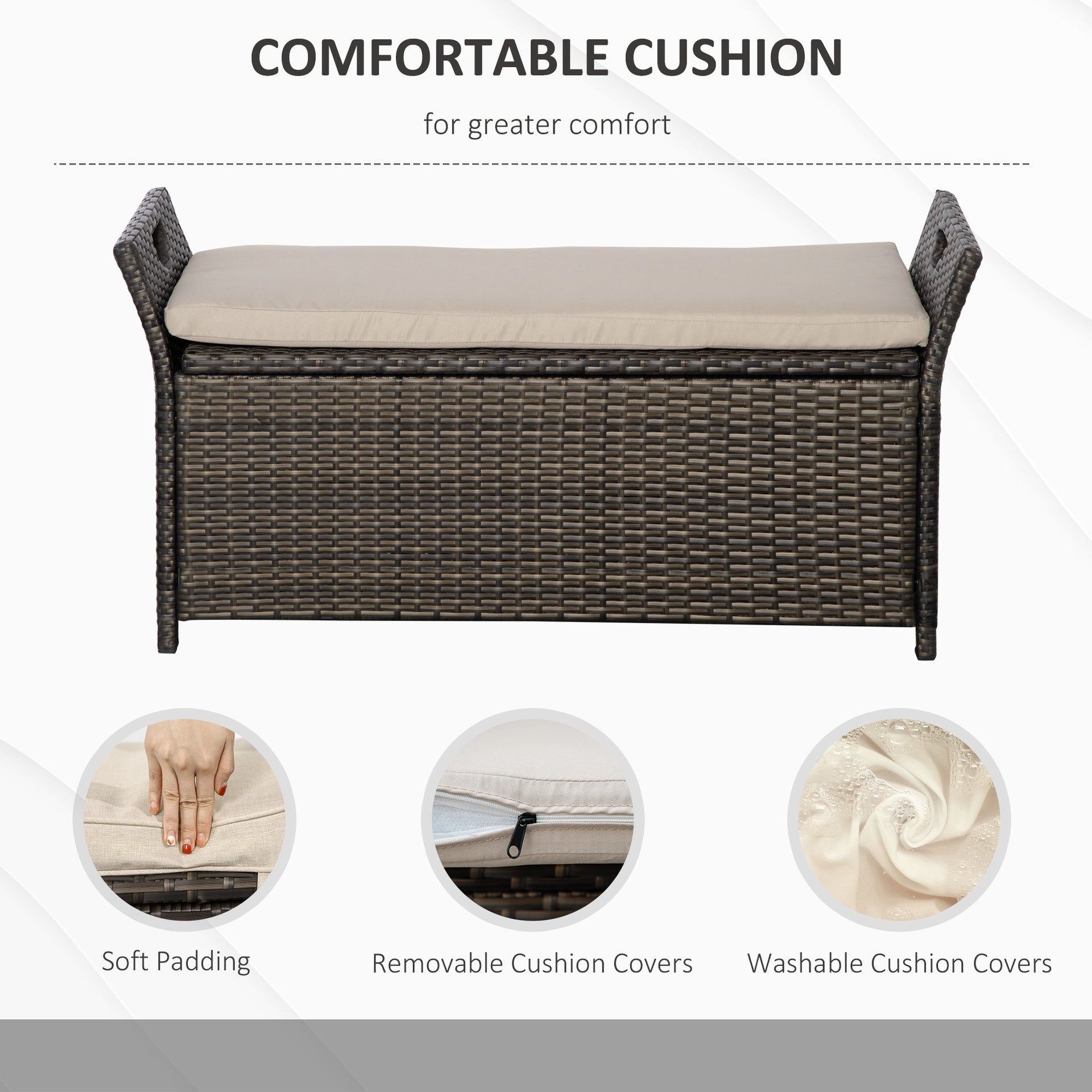 Outsunny 29 Gallon Patio Wicker Storage Bench, Outdoor PE Rattan Furniture, 2-In-1 Large Capacity Rectangle Garden Storage Box with Handles and Cushion, Cream White