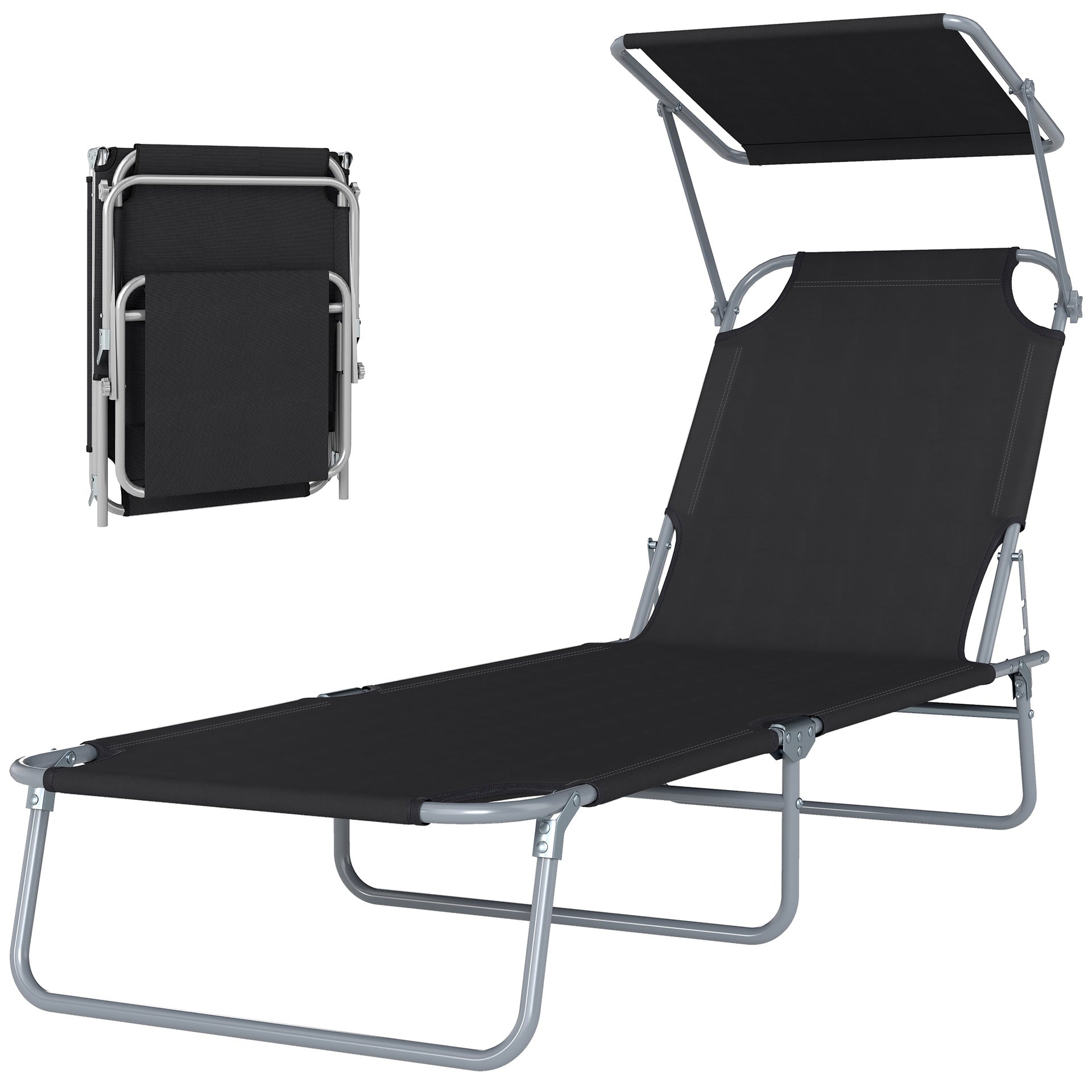 Outsunny Outdoor Pool Chaise Lounge Chair, Folding Tanning Chair with Sun Shade, Black