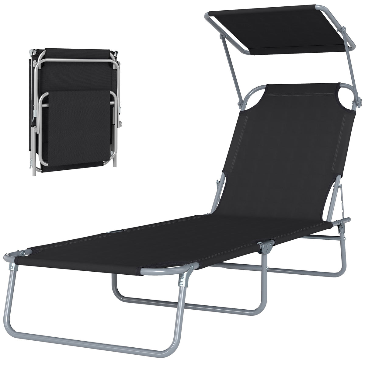 Outsunny Outdoor Pool Chaise Lounge Chair, Folding Tanning Chair with Sun Shade, Black