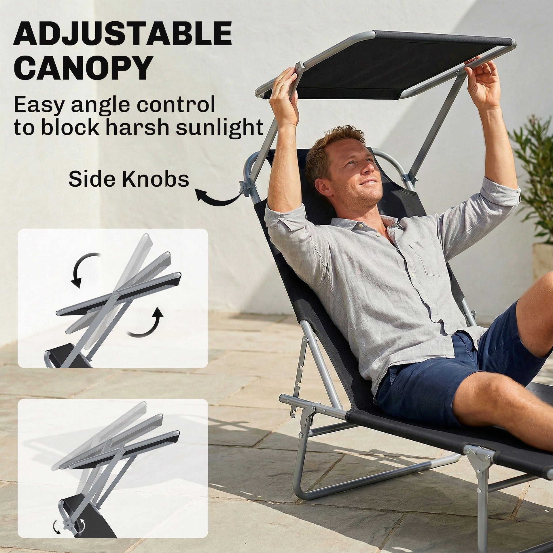 Outsunny Outdoor Pool Chaise Lounge Chair, Folding Tanning Chair with Sun Shade, Black