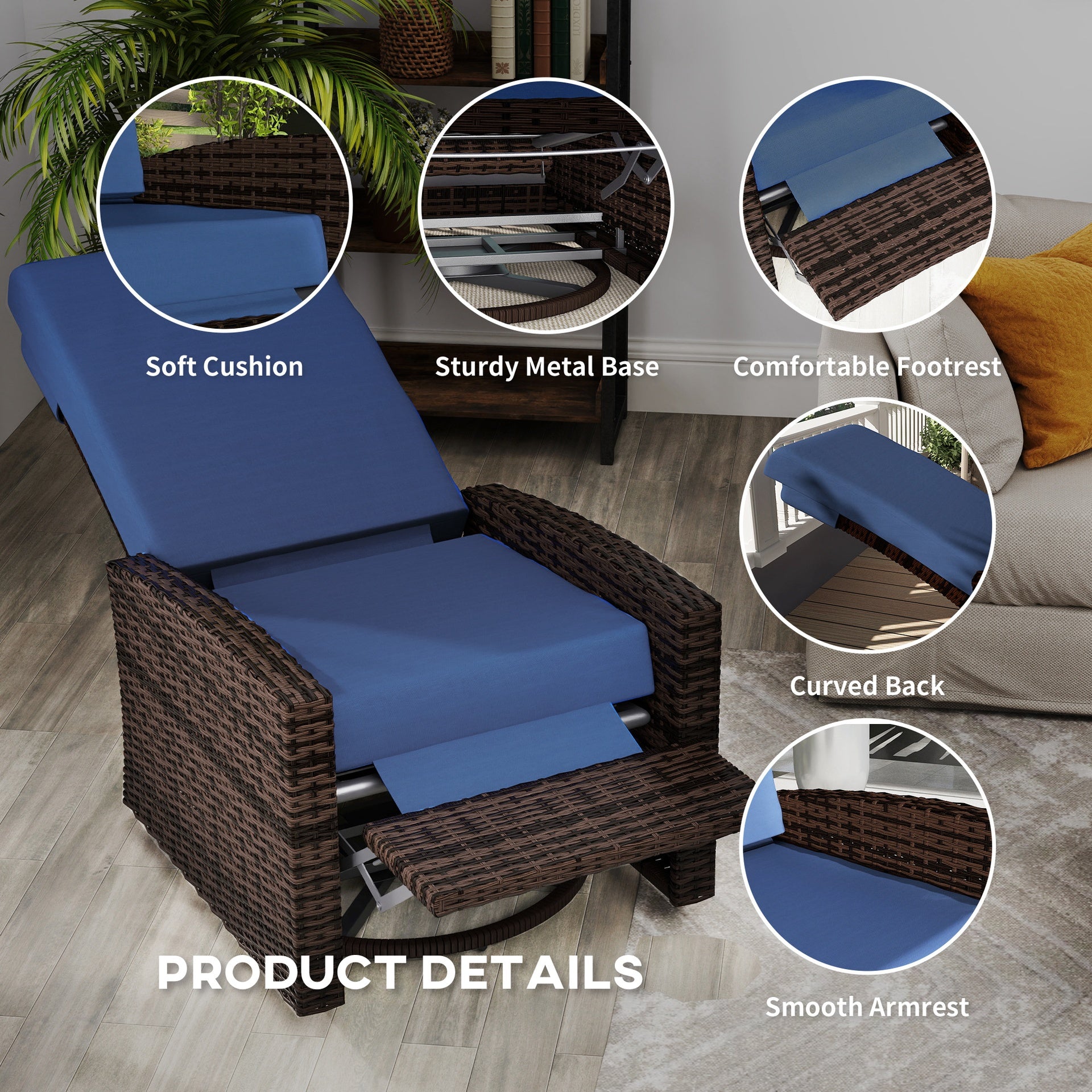 Outsunny Outdoor Wicker Swivel Recliner Chair, Lifting Footrest, 360° Rotating Basic, Water-resistant Cushions, Dark Blue