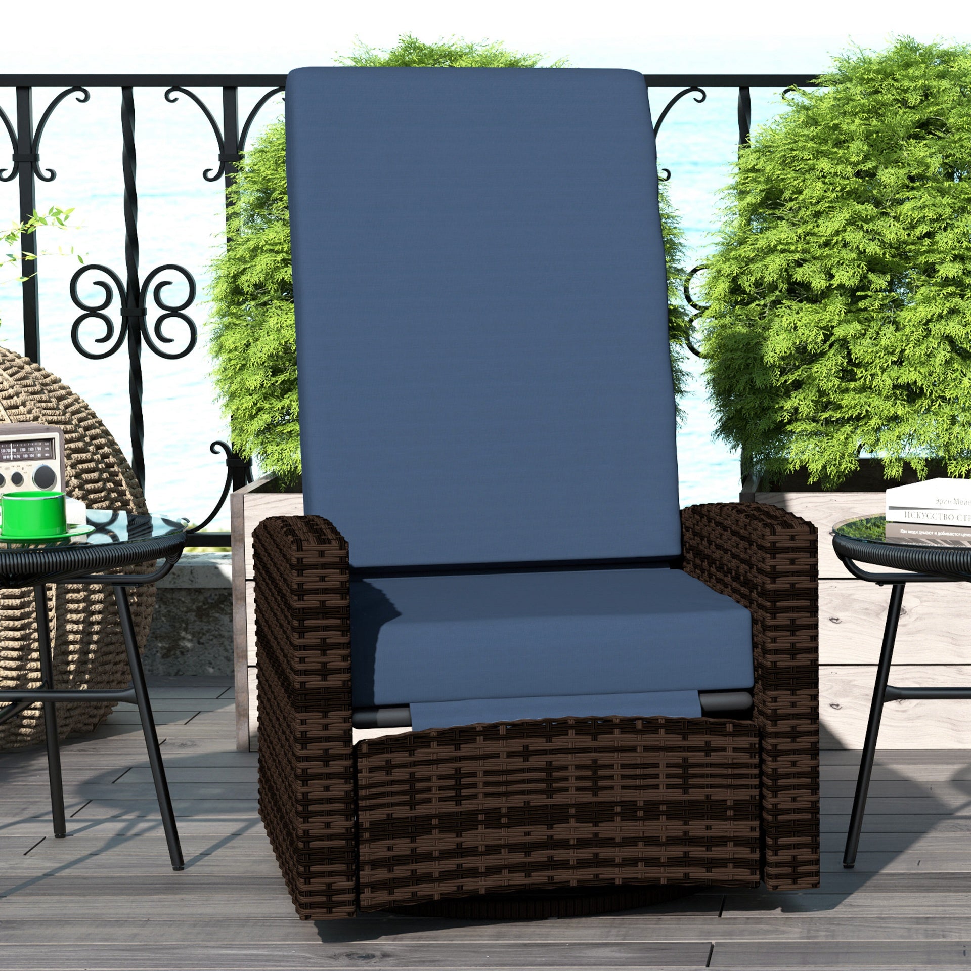 Outsunny Outdoor Wicker Swivel Recliner Chair, Lifting Footrest, 360° Rotating Basic, Water-resistant Cushions, Dark Blue
