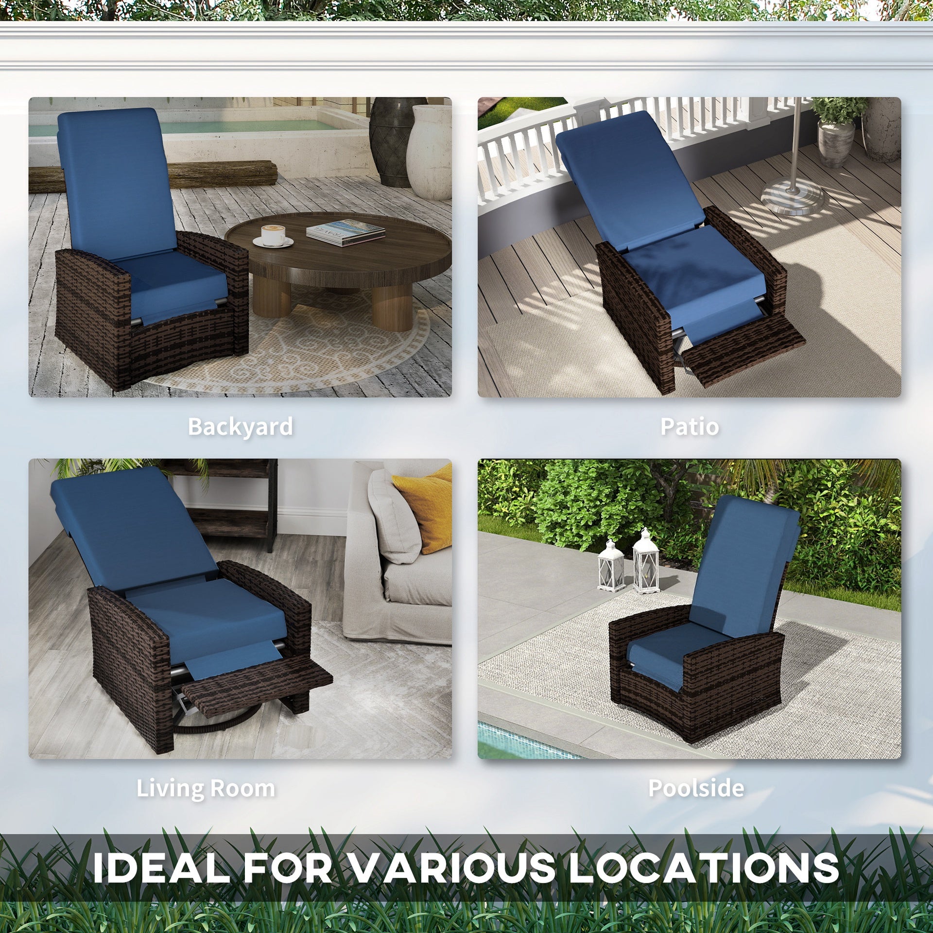 Outsunny Outdoor Wicker Swivel Recliner Chair, Lifting Footrest, 360° Rotating Basic, Water-resistant Cushions, Dark Blue