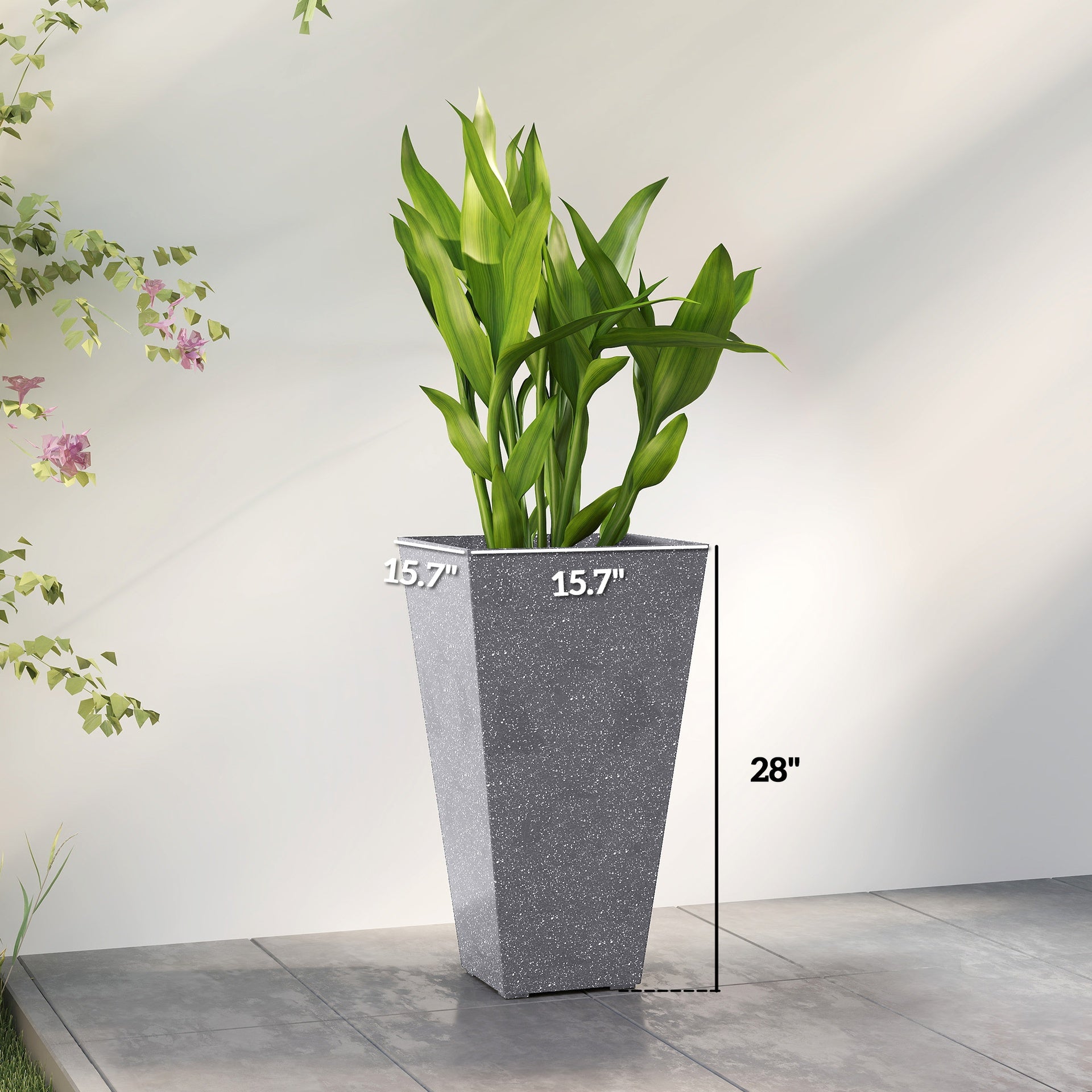 Outsunny 28" Tall Planters, Set of 3 Plastic Flower Pots with Marble Finish and Drainage Holes, Stackable Taper Planters, Gray
