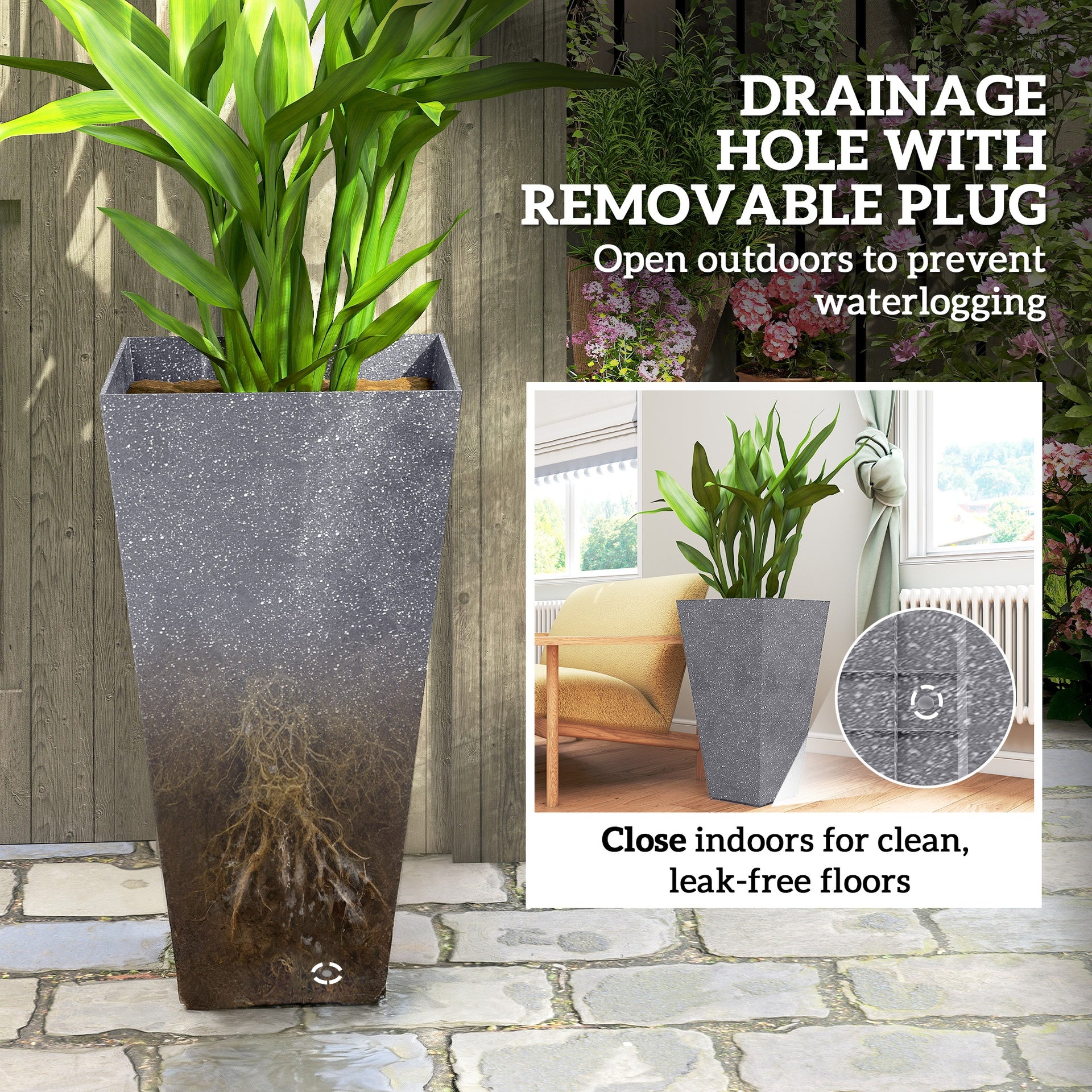 Outsunny 28" Tall Planters, Set of 3 Plastic Flower Pots with Marble Finish and Drainage Holes, Stackable Taper Planters, Gray