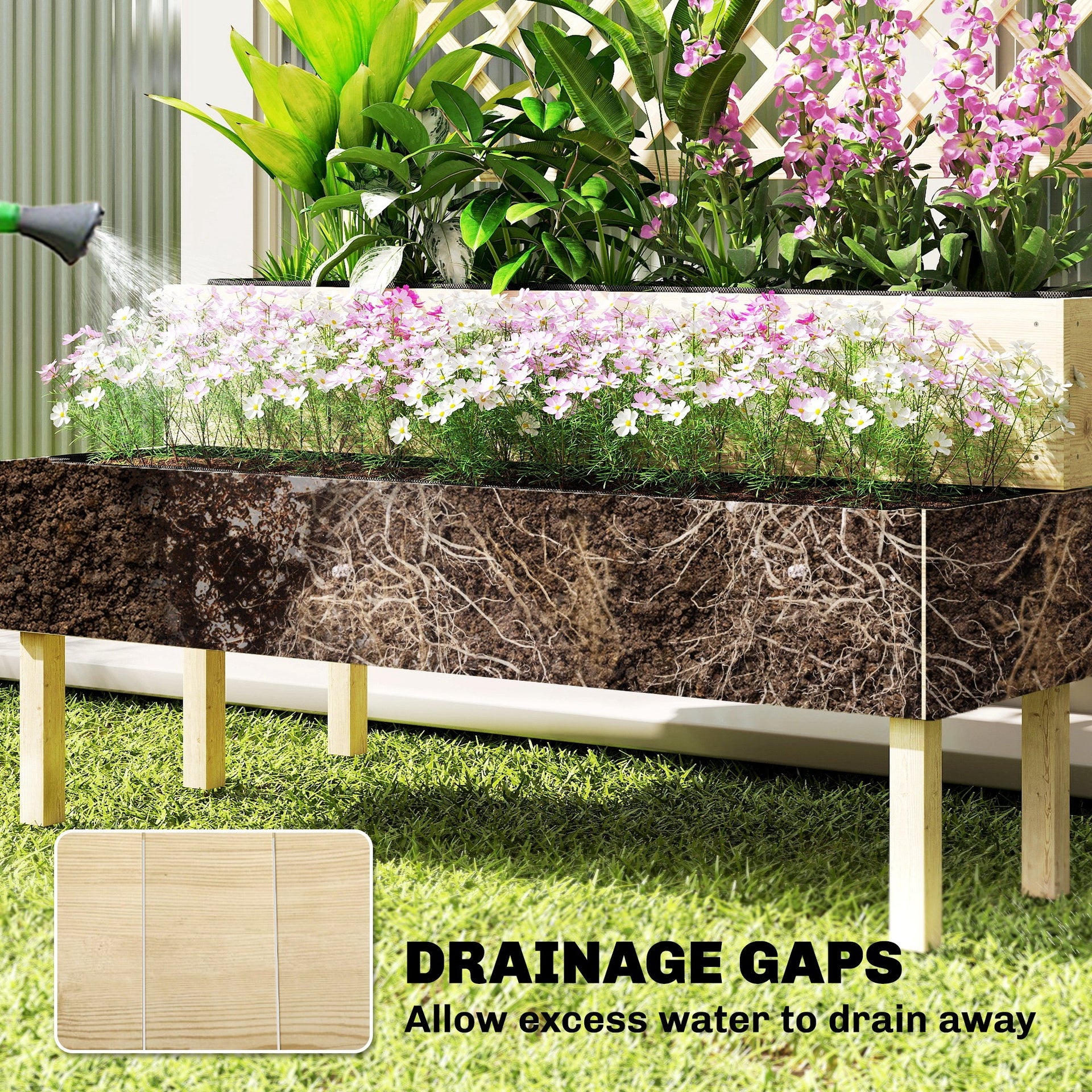 Outsunny 2-Tier Raised Garden Bed with Trellis, Elevated Planter Box for Climbing Plants, Natural