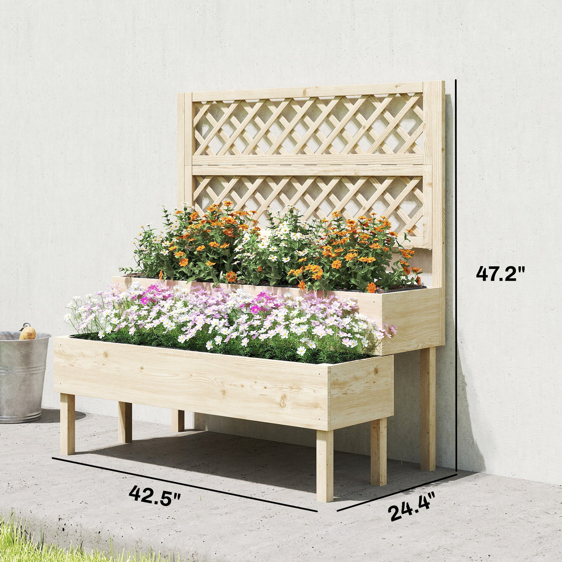 Outsunny 2-Tier Raised Garden Bed with Trellis, Elevated Planter Box for Climbing Plants, Natural
