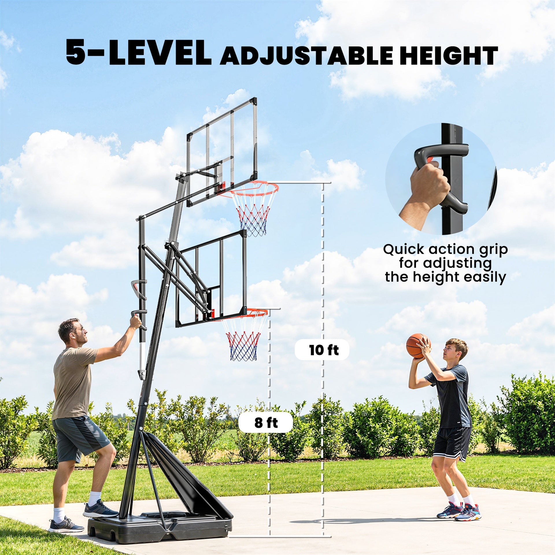Soozier Portable Basketball Hoop Outdoor, 8-10ft Adjustable Basketball Goal, 47 Inch Shatterproof Backboard, Action Grip
