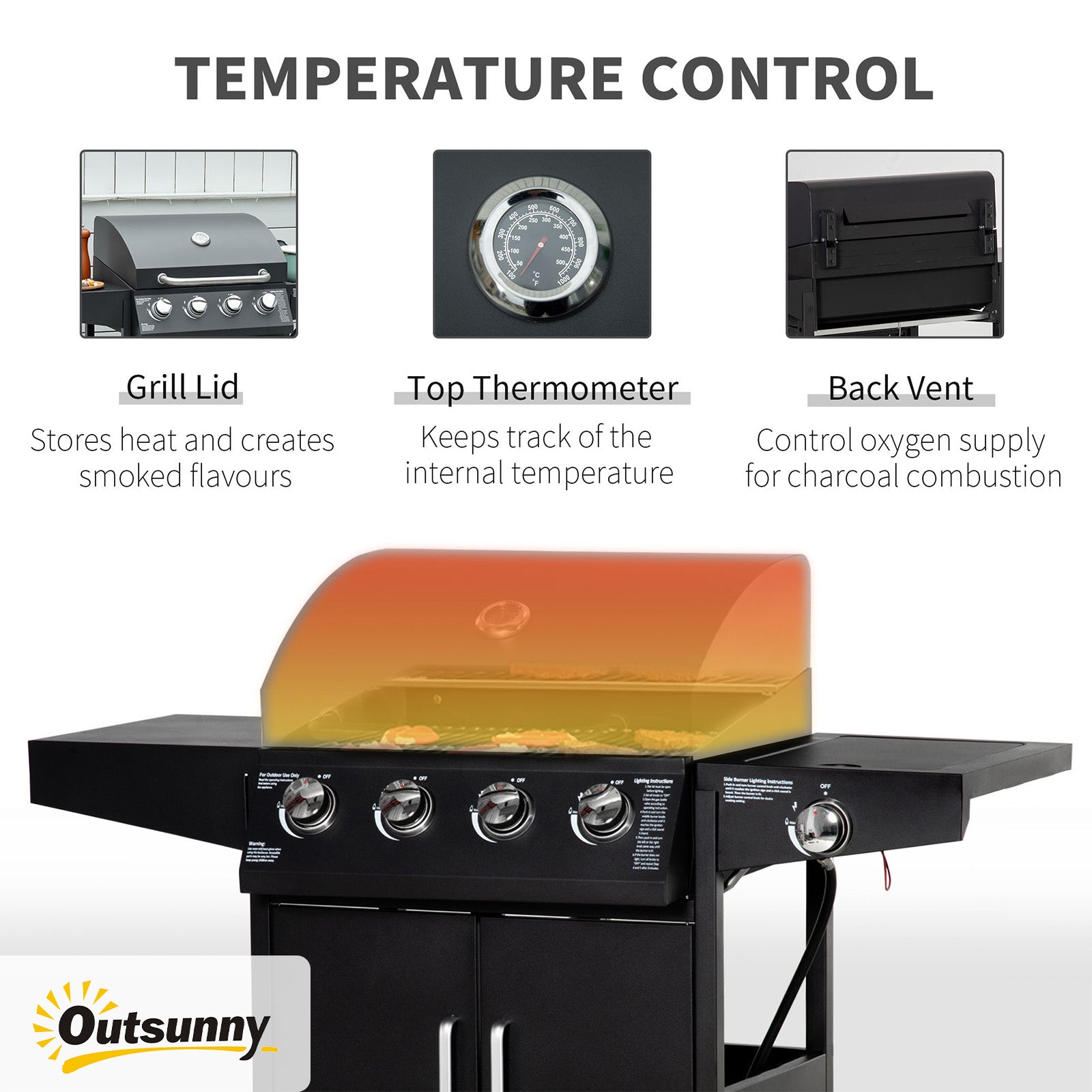 Outsunny 52" Barbecue Grill with Wheels 4+1 Burner Liquid Propane Gas Grill Outdoor Cabinet Style BBQ Trolley w/ Side Burner, Warming Rack