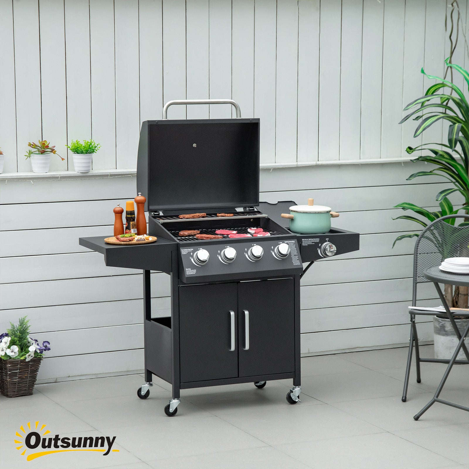 Outsunny 52" Barbecue Grill with Wheels 4+1 Burner Liquid Propane Gas Grill Outdoor Cabinet Style BBQ Trolley w/ Side Burner, Warming Rack
