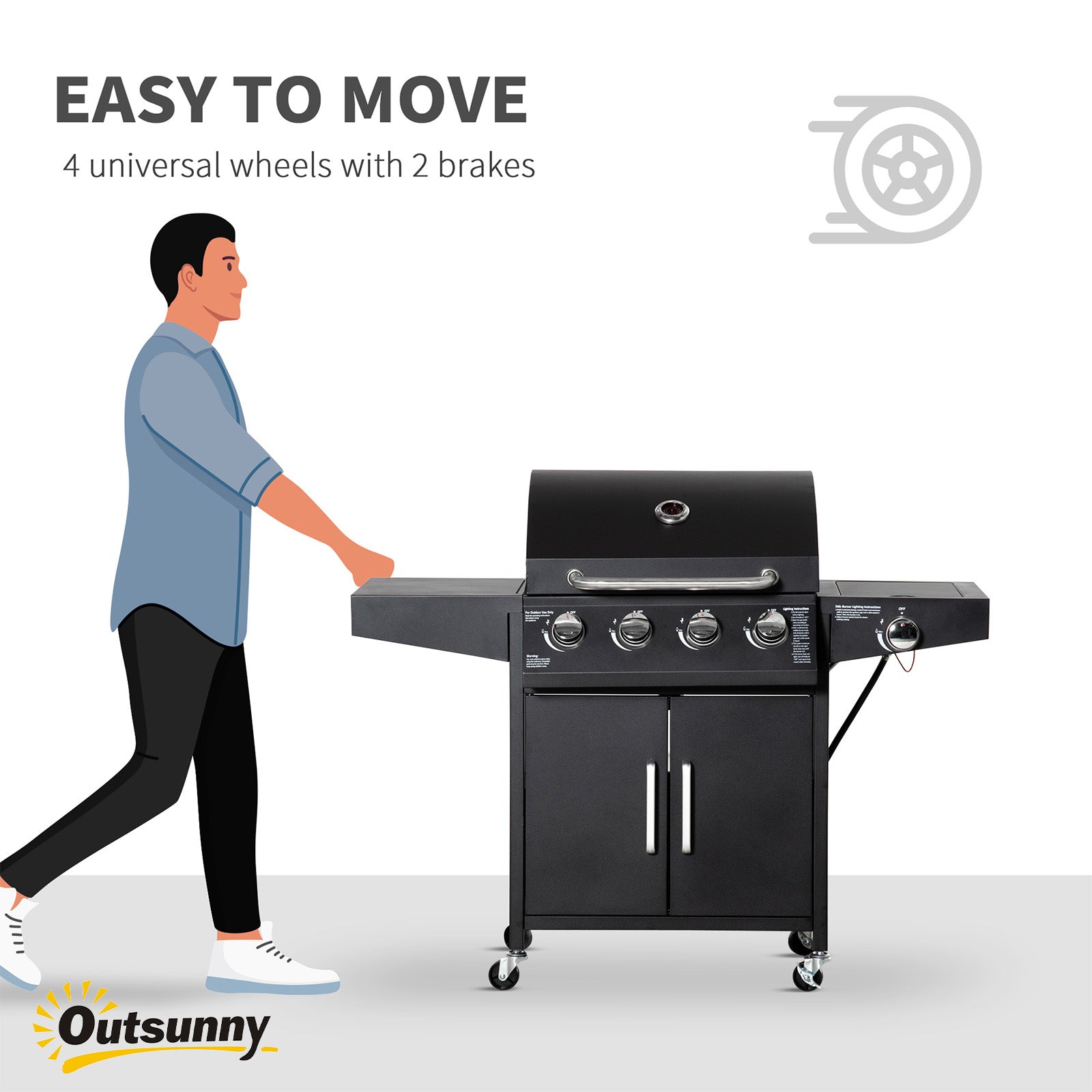 Outsunny 52" Barbecue Grill with Wheels 4+1 Burner Liquid Propane Gas Grill Outdoor Cabinet Style BBQ Trolley w/ Side Burner, Warming Rack