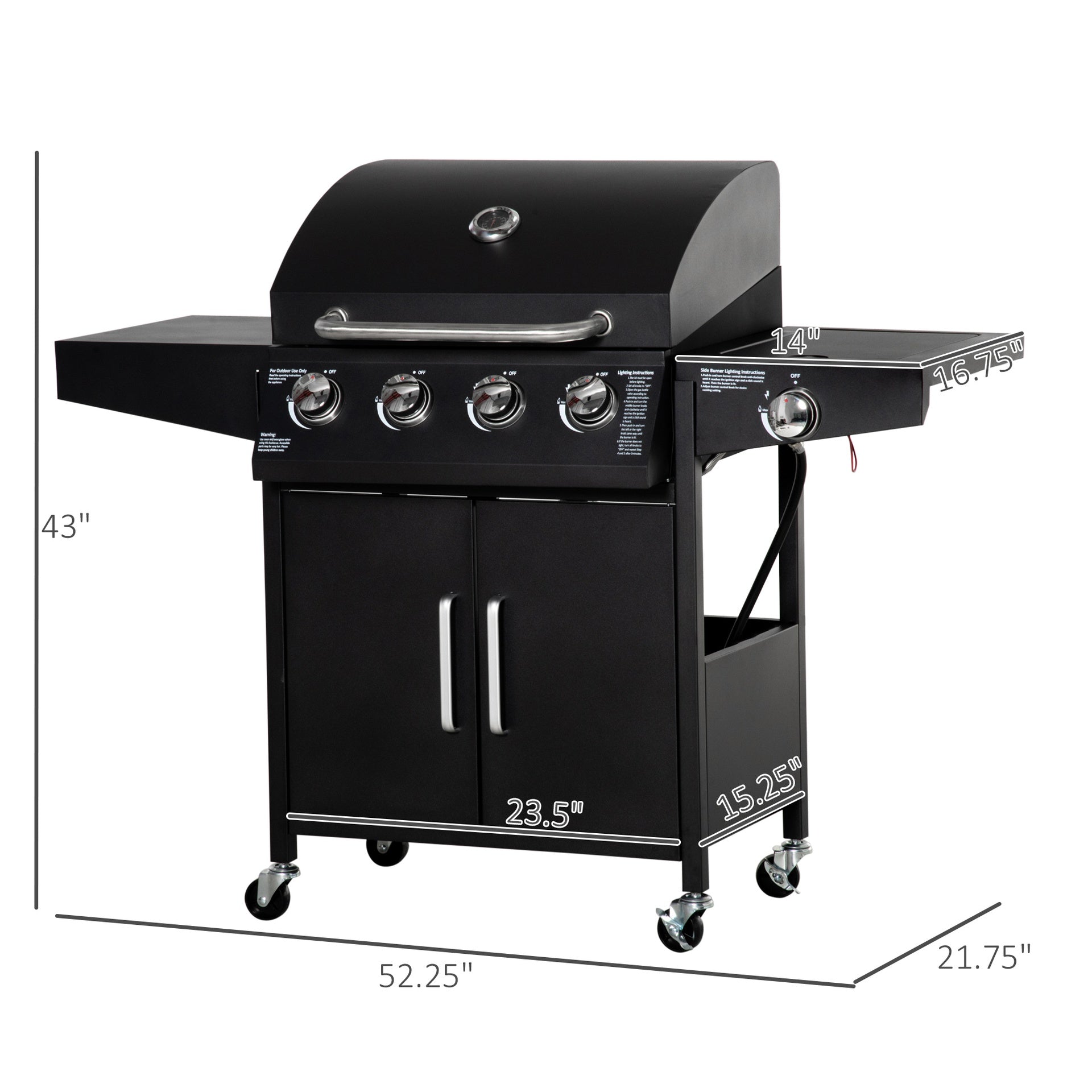 Outsunny 52" Barbecue Grill with Wheels 4+1 Burner Liquid Propane Gas Grill Outdoor Cabinet Style BBQ Trolley w/ Side Burner, Warming Rack