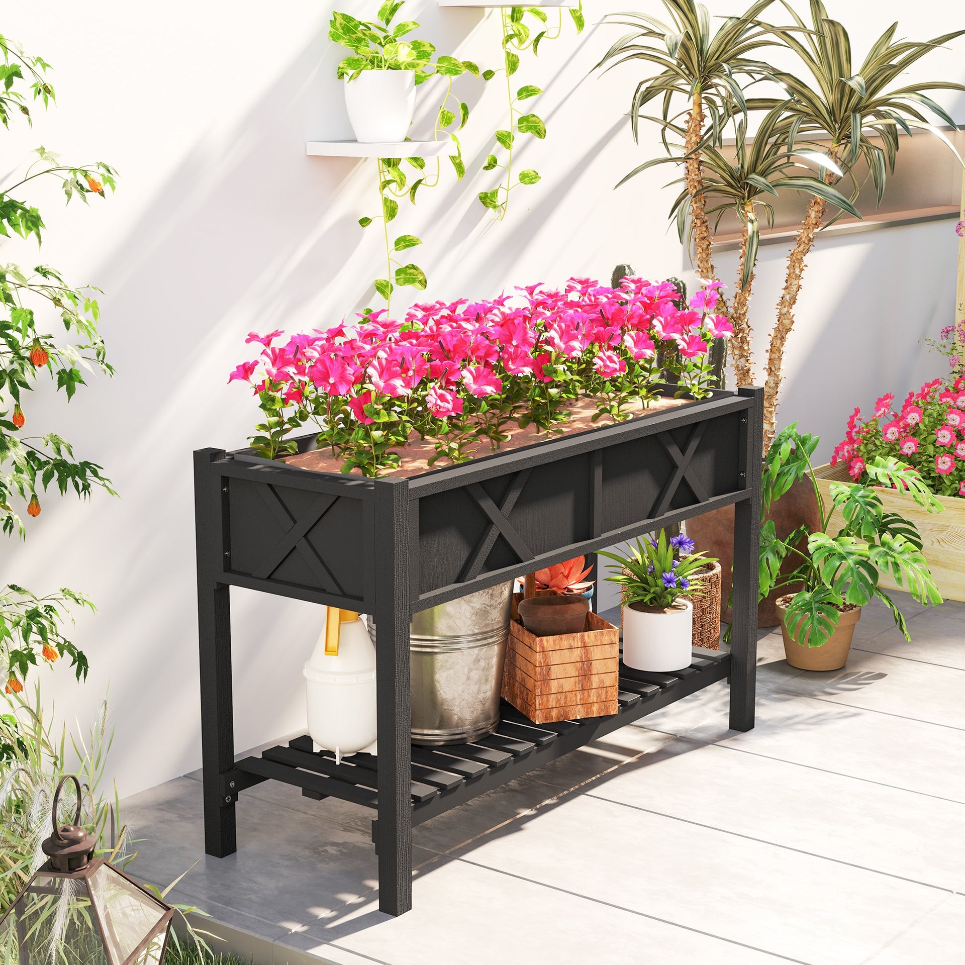 Outsunny Raised Garden Bed, 47 x 22 x 31.5 in. Elevated Wood Planter Box with Storage Shelf, Drainage Holes, and Liner, Black
