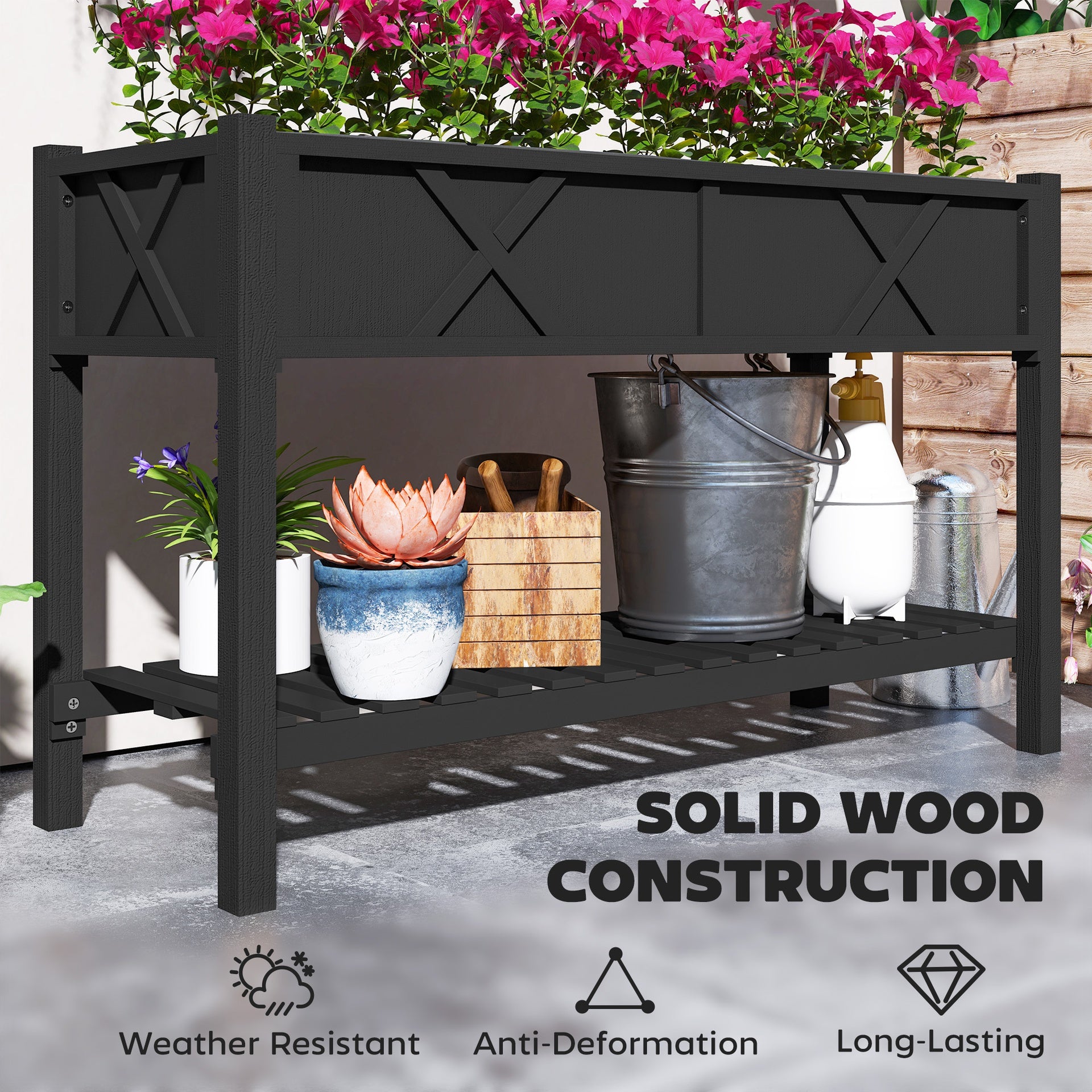 Outsunny Raised Garden Bed, 47 x 22 x 31.5 in. Elevated Wood Planter Box with Storage Shelf, Drainage Holes, and Liner, Black