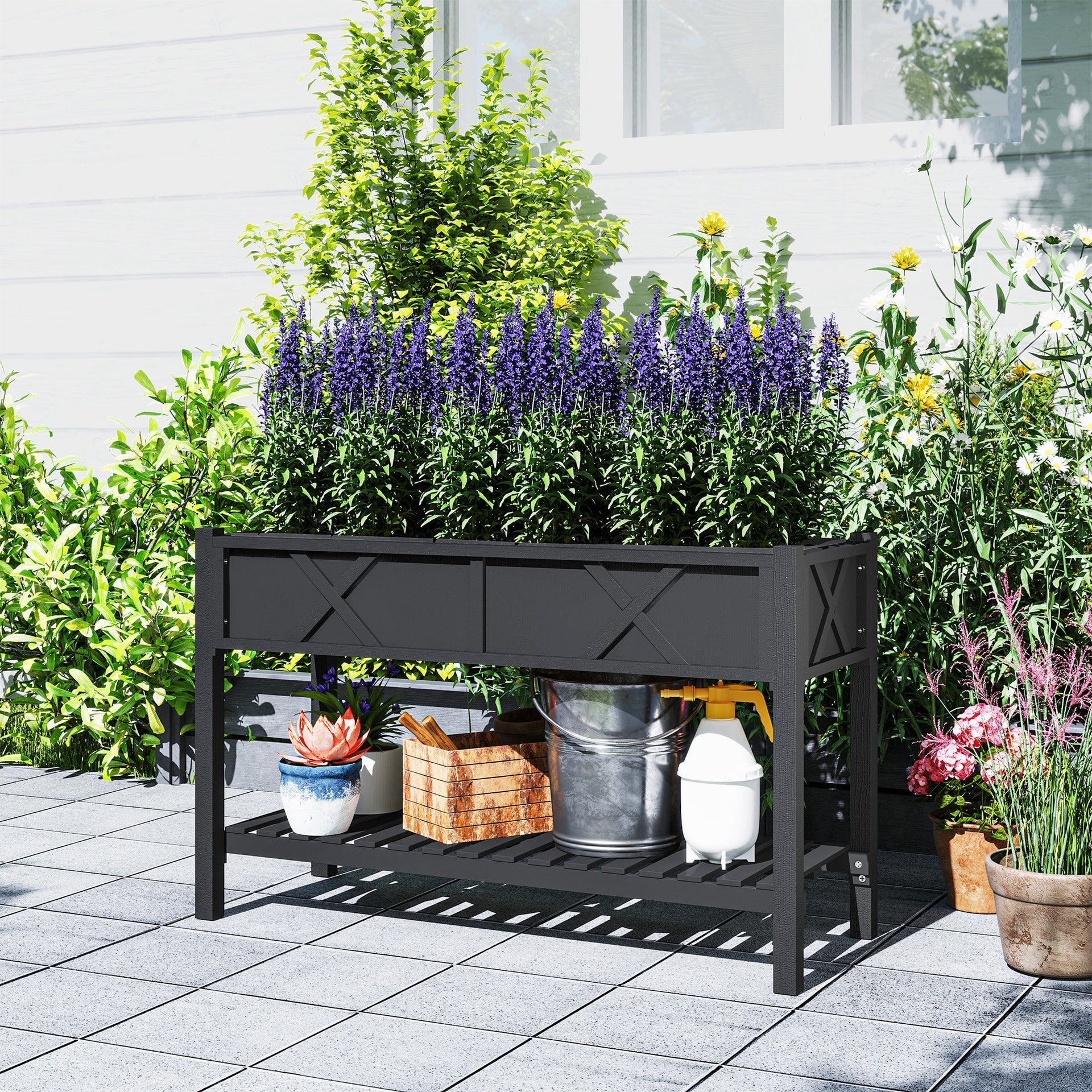 Outsunny Raised Garden Bed, 47 x 22 x 31.5 in. Elevated Wood Planter Box with Storage Shelf, Drainage Holes, and Liner, Black