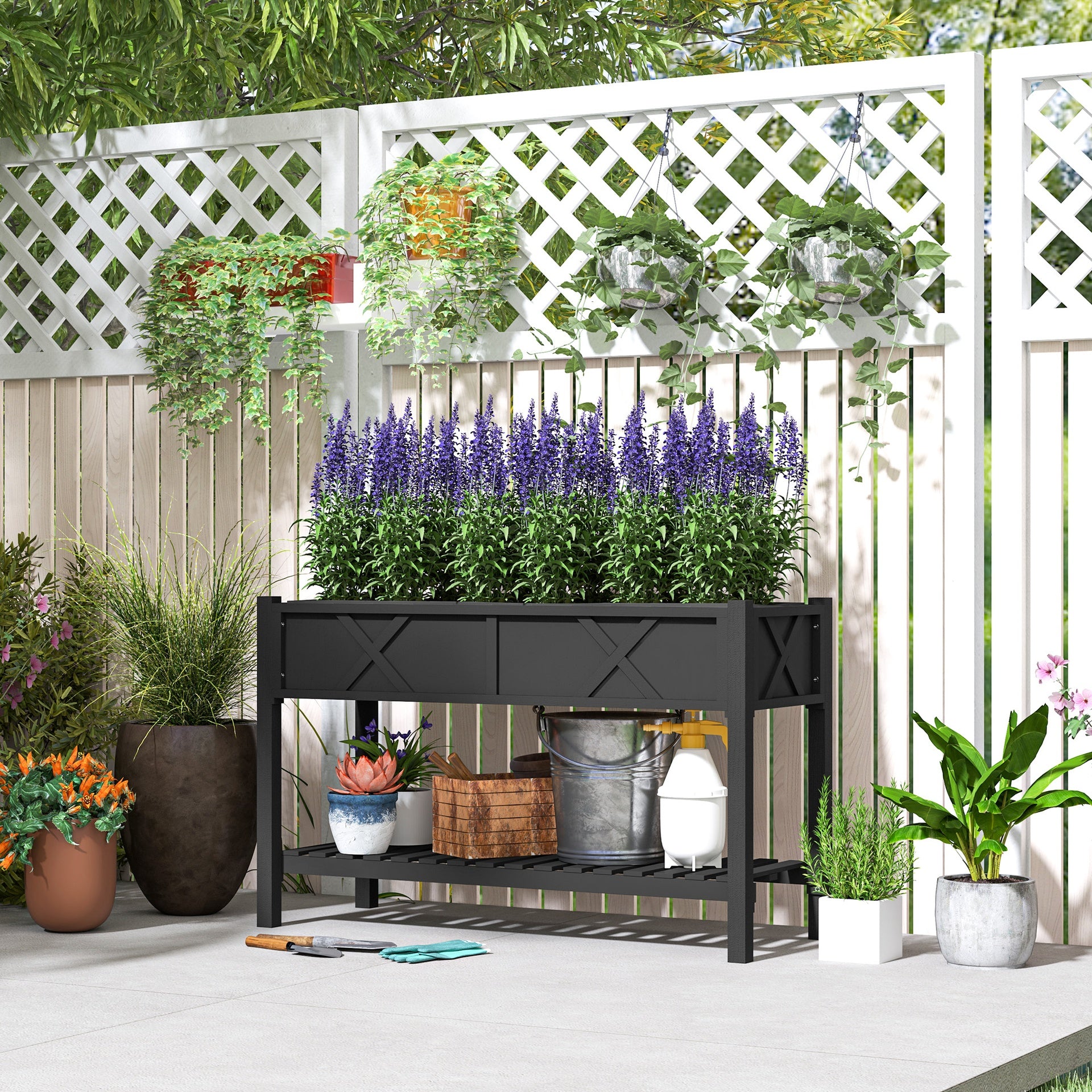 Outsunny Raised Garden Bed, 47 x 22 x 31.5 in. Elevated Wood Planter Box with Storage Shelf, Drainage Holes, and Liner, Black