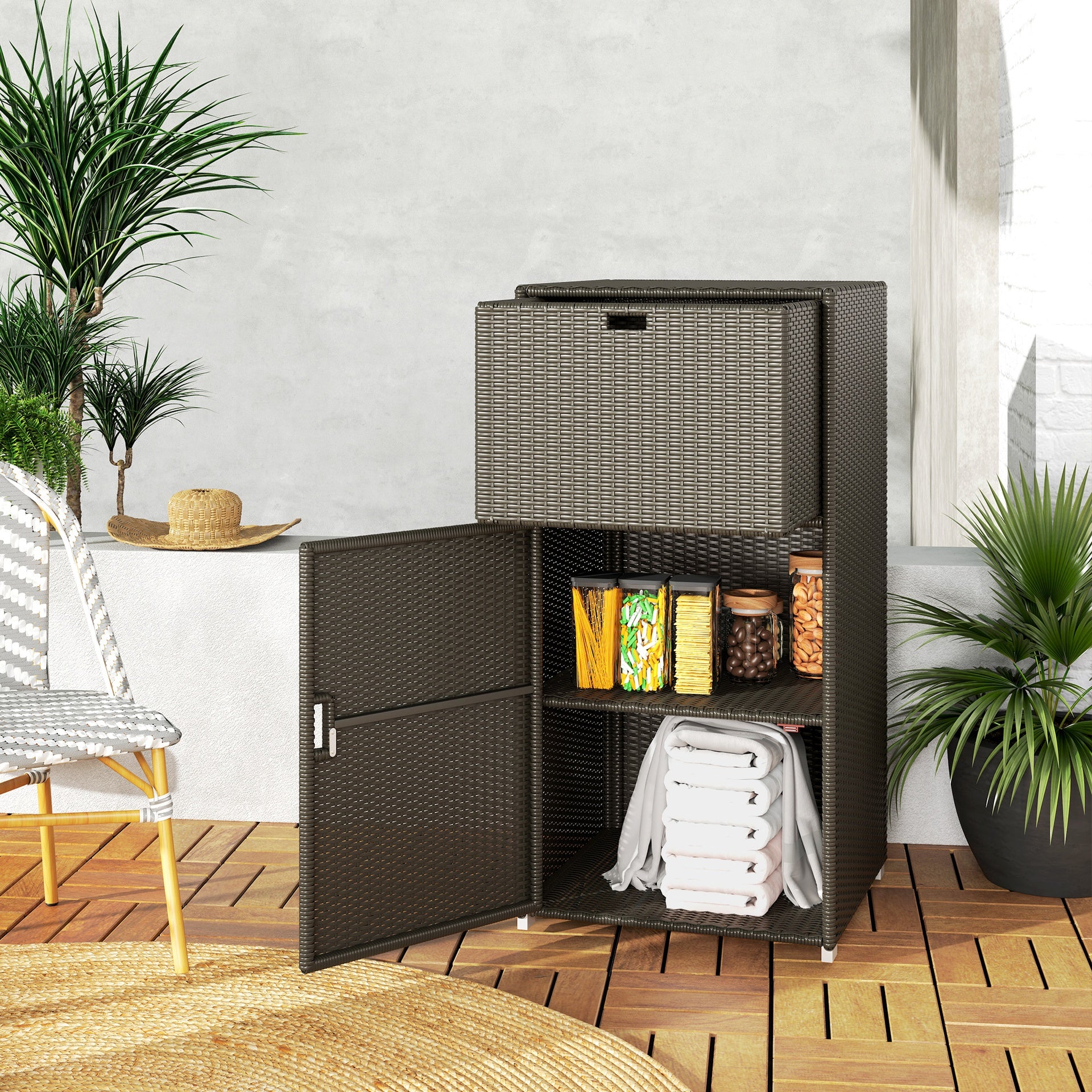Outsunny Outdoor Towel Rack for Pool w/ Drawer & Cabinet, Dark Brown