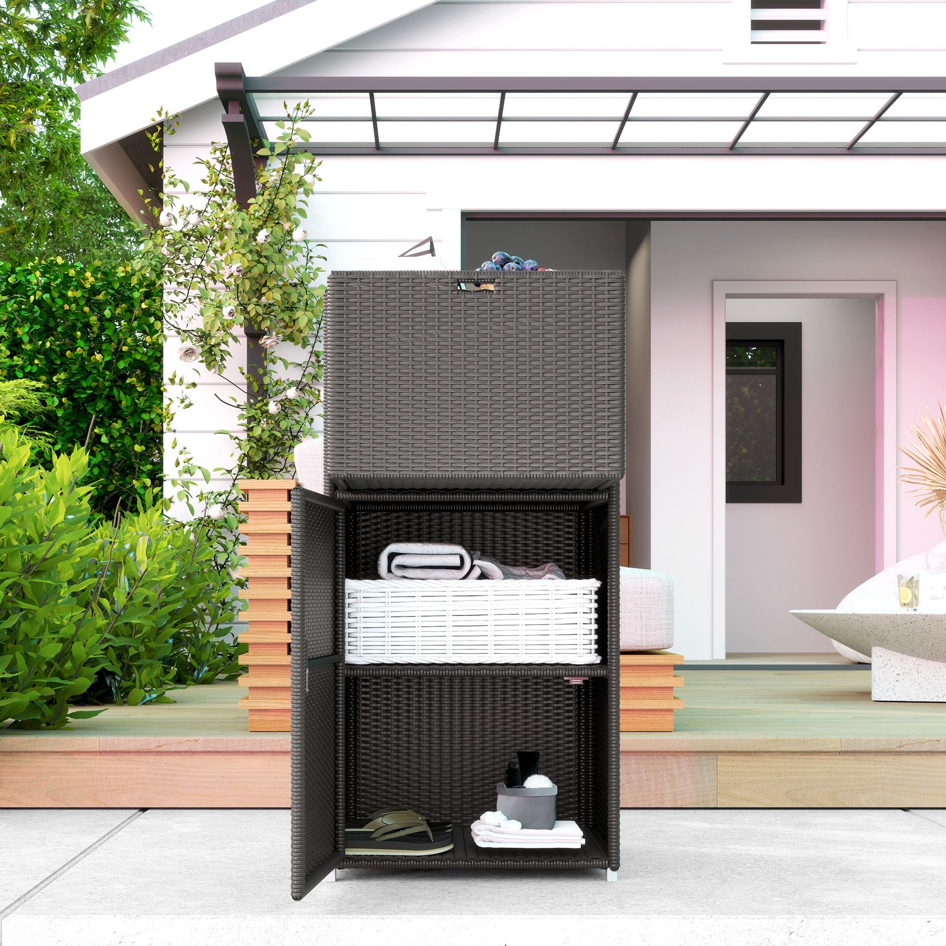 Outsunny Outdoor Towel Rack for Pool w/ Drawer & Cabinet, Dark Brown