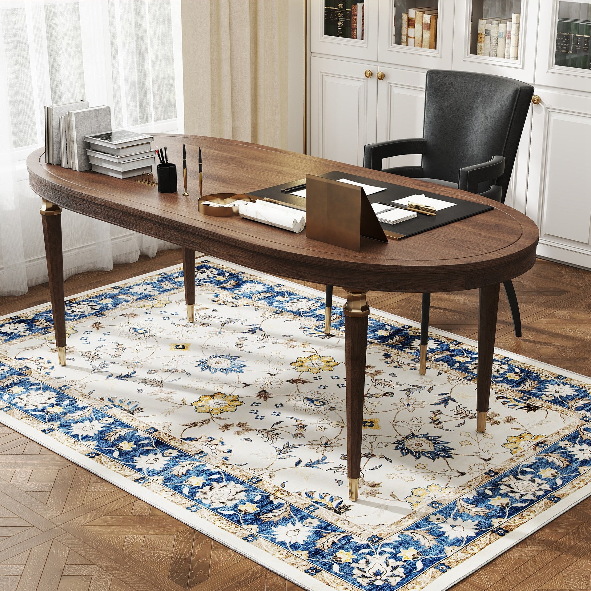 HOMCOM Machine Washable Area Rug 4x6, Non-Slip Boho Floral Print Floor Carpet for Living Room, Bedroom, Dining Room, Blue