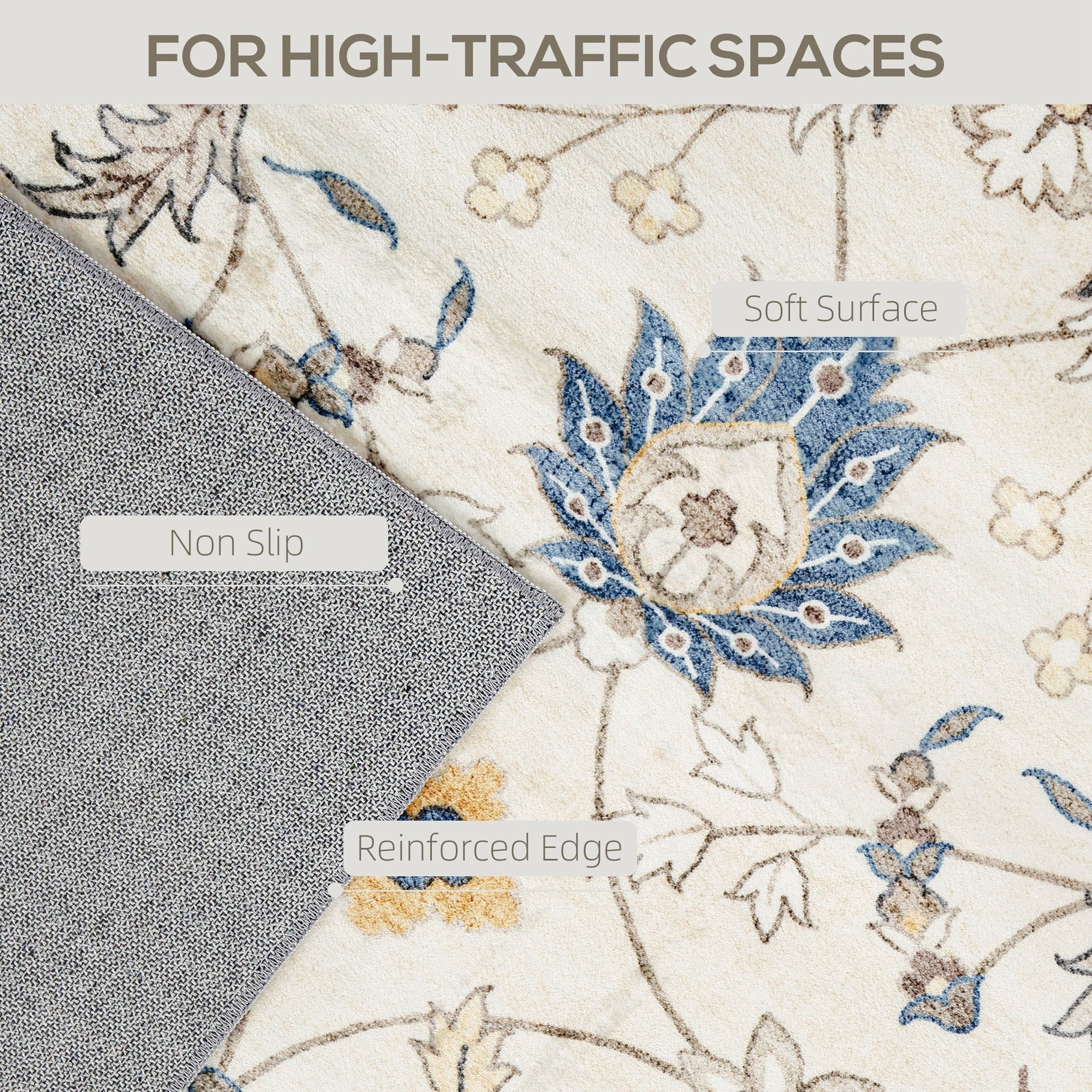 HOMCOM Machine Washable Area Rug 4x6, Non-Slip Boho Floral Print Floor Carpet for Living Room, Bedroom, Dining Room, Blue