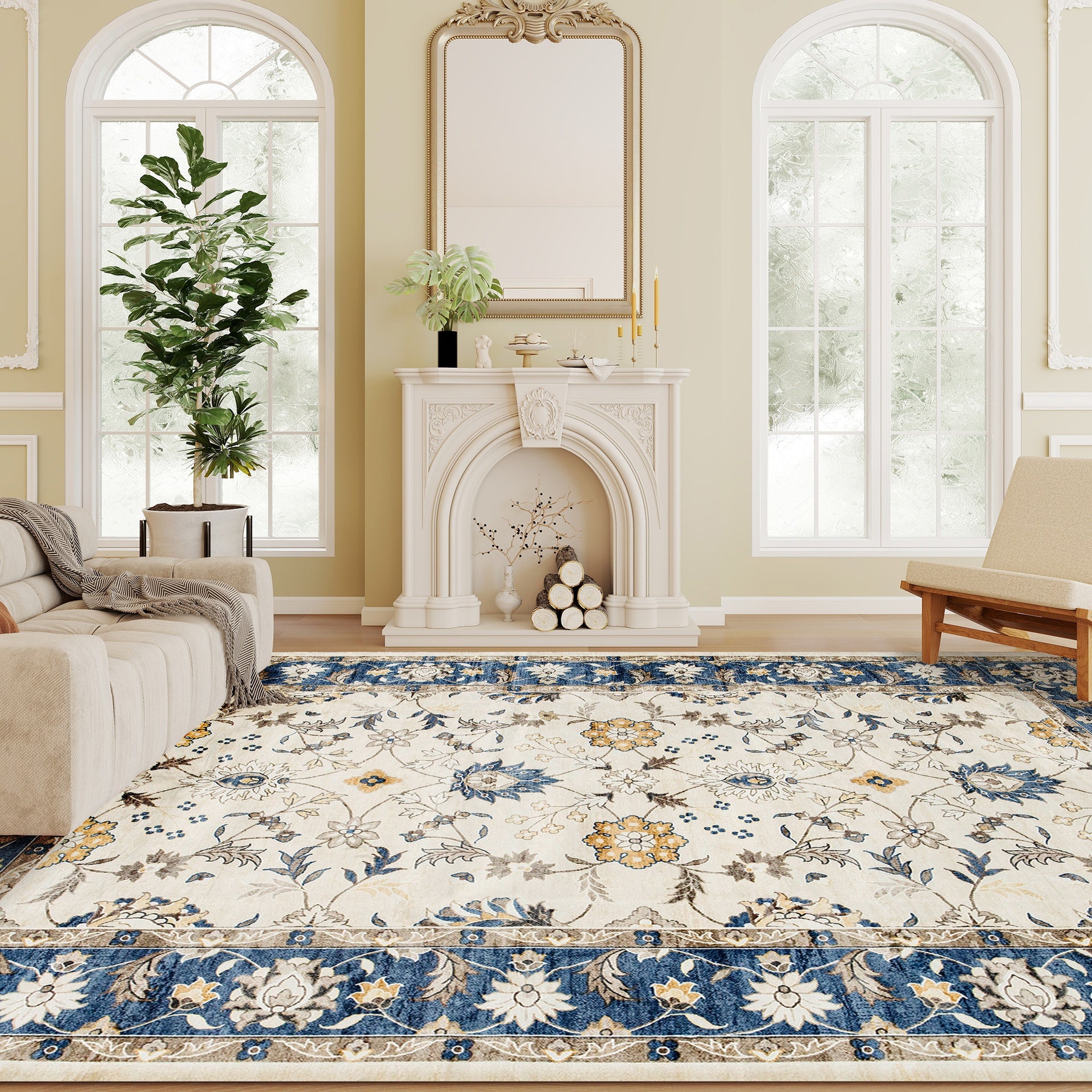 HOMCOM Machine Washable Area Rug 4x6, Non-Slip Boho Floral Print Floor Carpet for Living Room, Bedroom, Dining Room, Blue