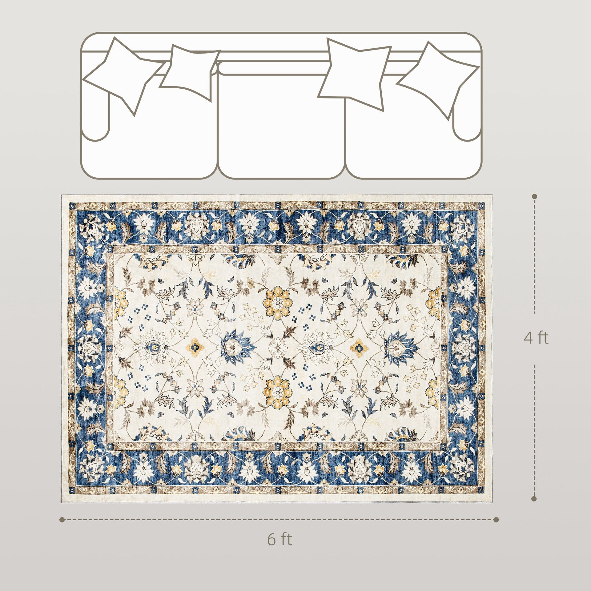 HOMCOM Machine Washable Area Rug 4x6, Non-Slip Boho Floral Print Floor Carpet for Living Room, Bedroom, Dining Room, Blue