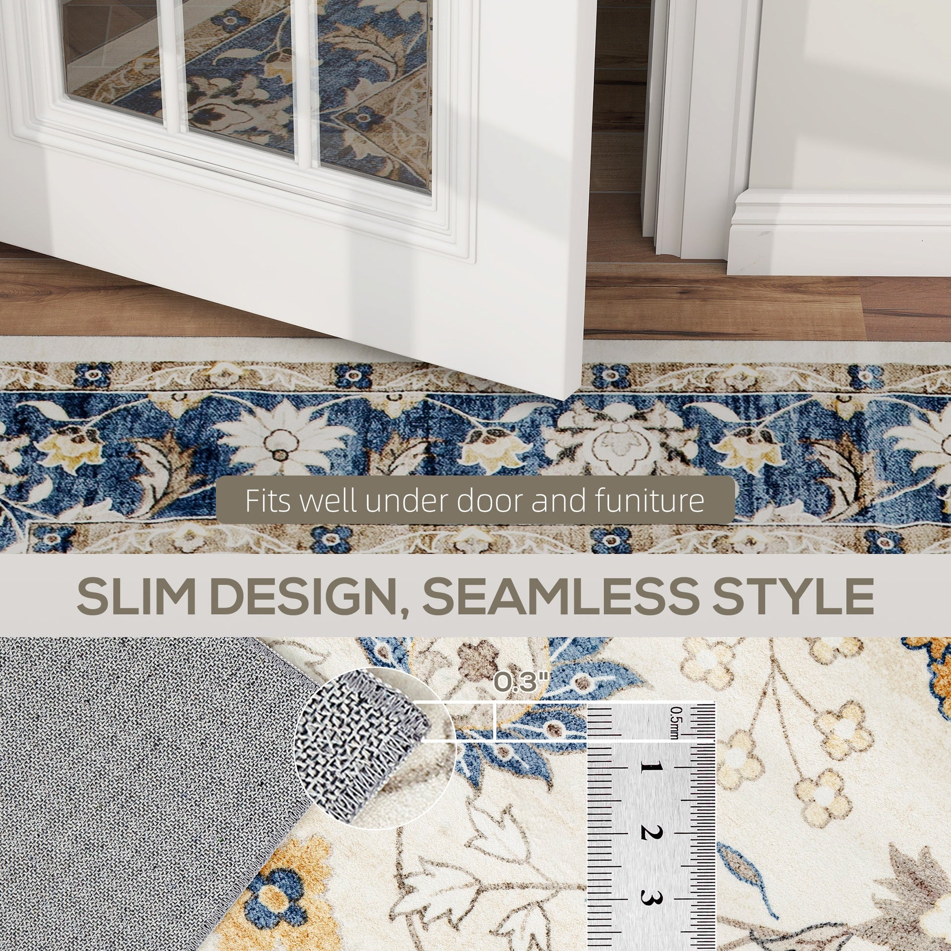 HOMCOM Machine Washable Area Rug 4x6, Non-Slip Boho Floral Print Floor Carpet for Living Room, Bedroom, Dining Room, Blue
