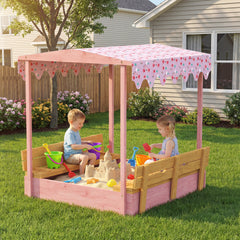 Qaba Wooden Sandbox with Cover, Kids Sandbox Outdoor with Seat, Bottom Liner, Canopy for Ages 3-6, Flamingos Print, Pink