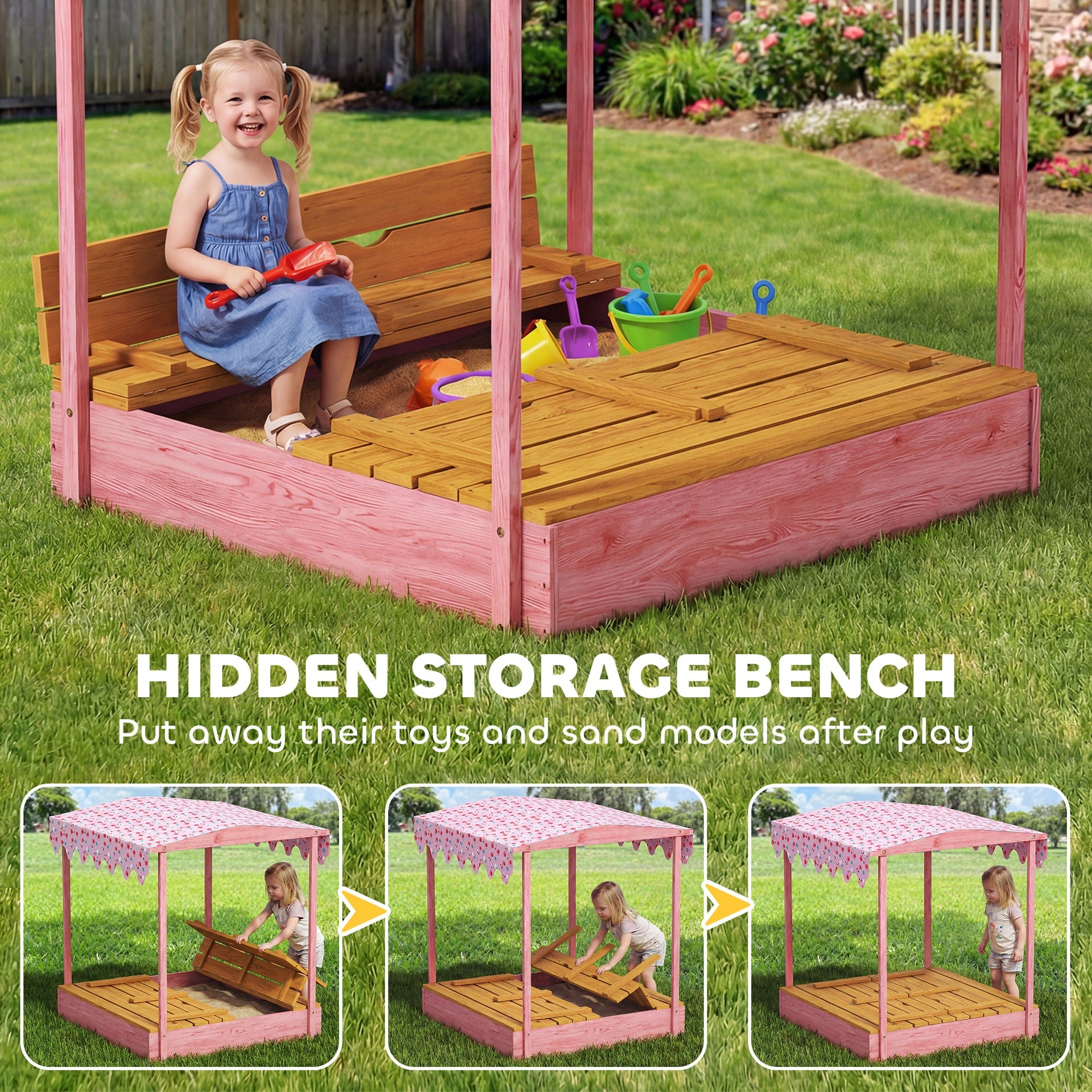 Qaba Wooden Sandbox with Cover, Kids Sandbox Outdoor with Seat, Bottom Liner, Canopy for Ages 3-6, Flamingos Print, Pink