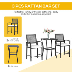 Outsunny 3pcs Patio Bar Set with Soft Cushion, Rattan Wicker Outdoor Furniture Set for Backyards, Lawn, Deck, Poolside