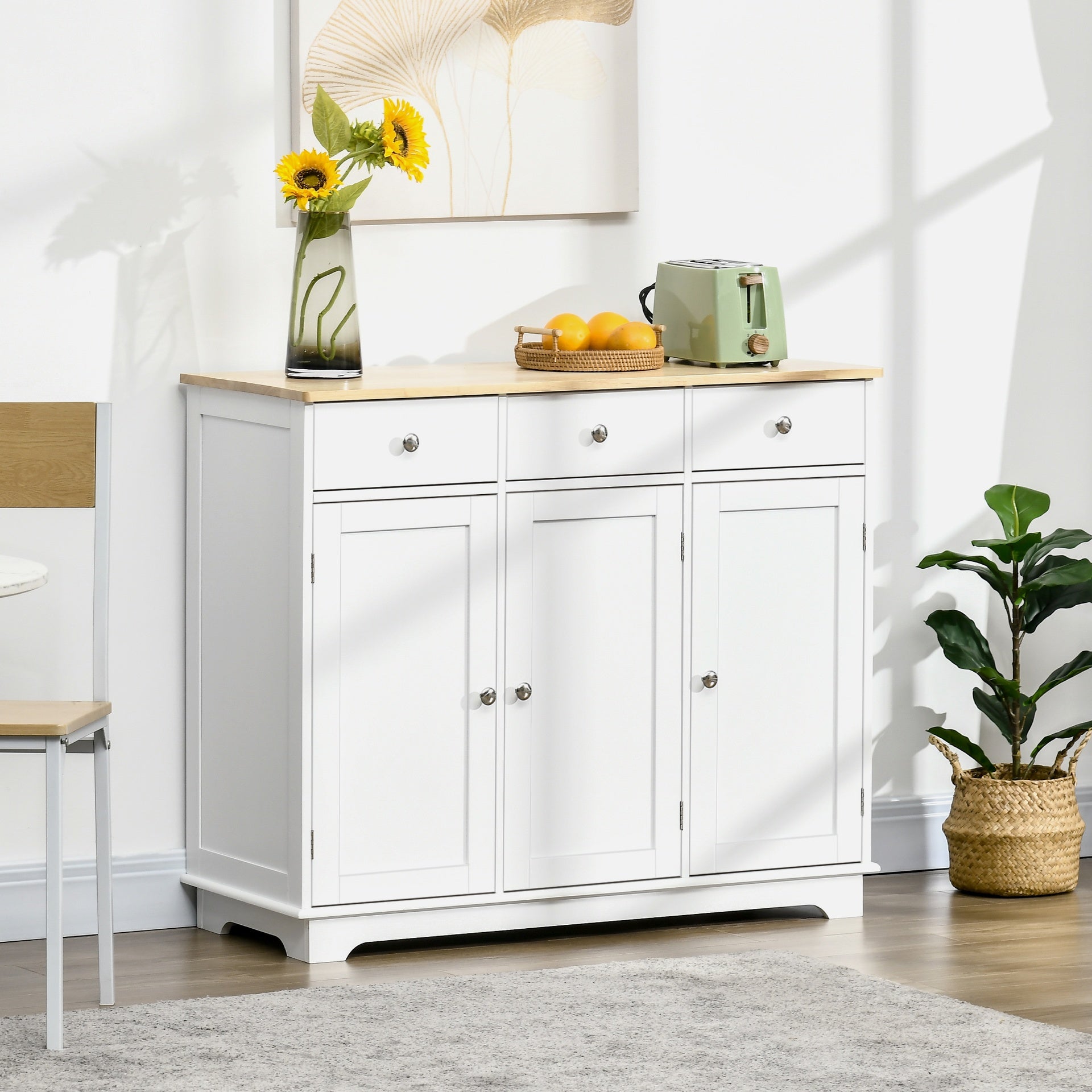 HOMCOM Modern Sideboard with Rubberwood Top, Buffet Cabinet with Storage Cabinets, Drawers and Adjustable Shelves, White