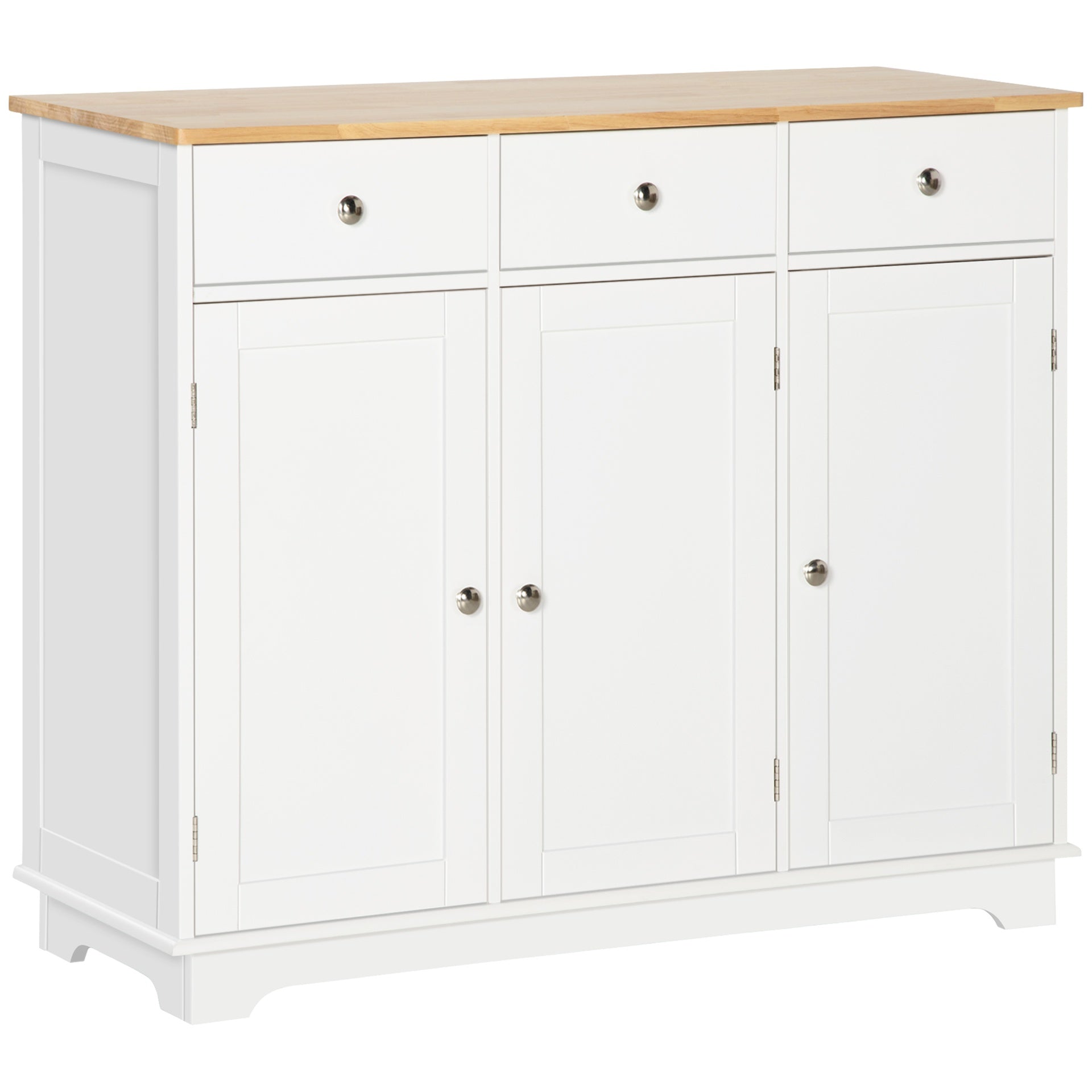HOMCOM Modern Sideboard with Rubberwood Top, Buffet Cabinet with Storage Cabinets, Drawers and Adjustable Shelves, White