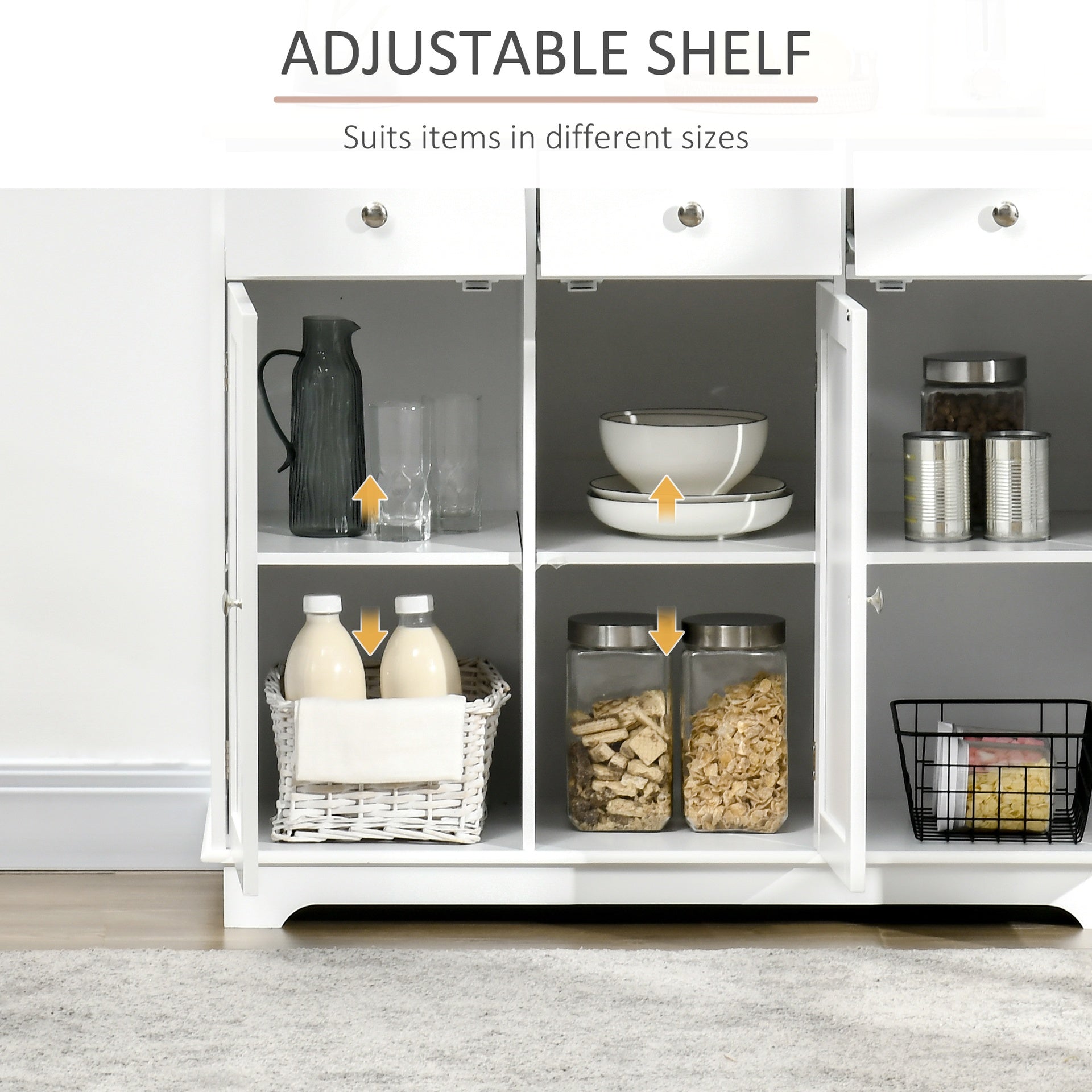 HOMCOM Modern Sideboard with Rubberwood Top, Buffet Cabinet with Storage Cabinets, Drawers and Adjustable Shelves, White