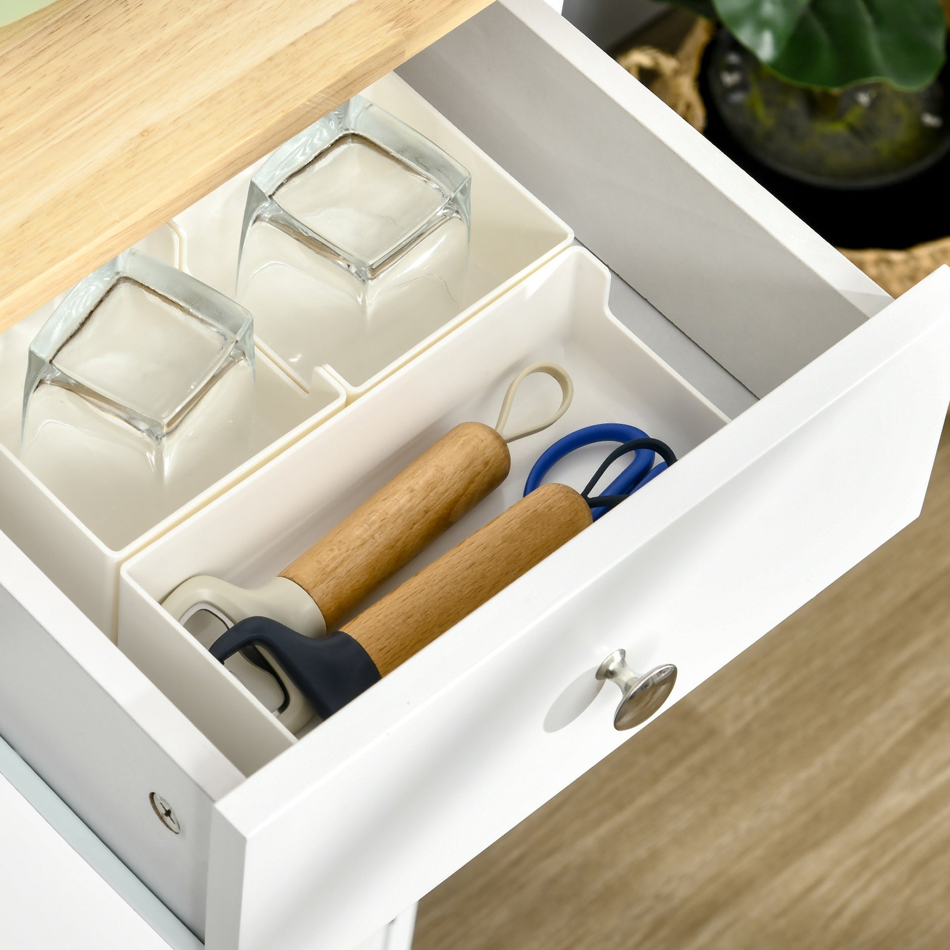 HOMCOM Modern Sideboard with Rubberwood Top, Buffet Cabinet with Storage Cabinets, Drawers and Adjustable Shelves, White