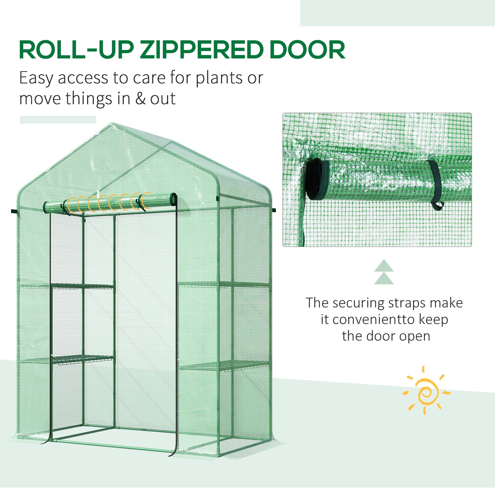 Outsunny 56" x 29" x 77" Walk-in Greenhouse, Garden Hot House with 3 Tier Shleves, Roll-Up Door and PE Cover, Green