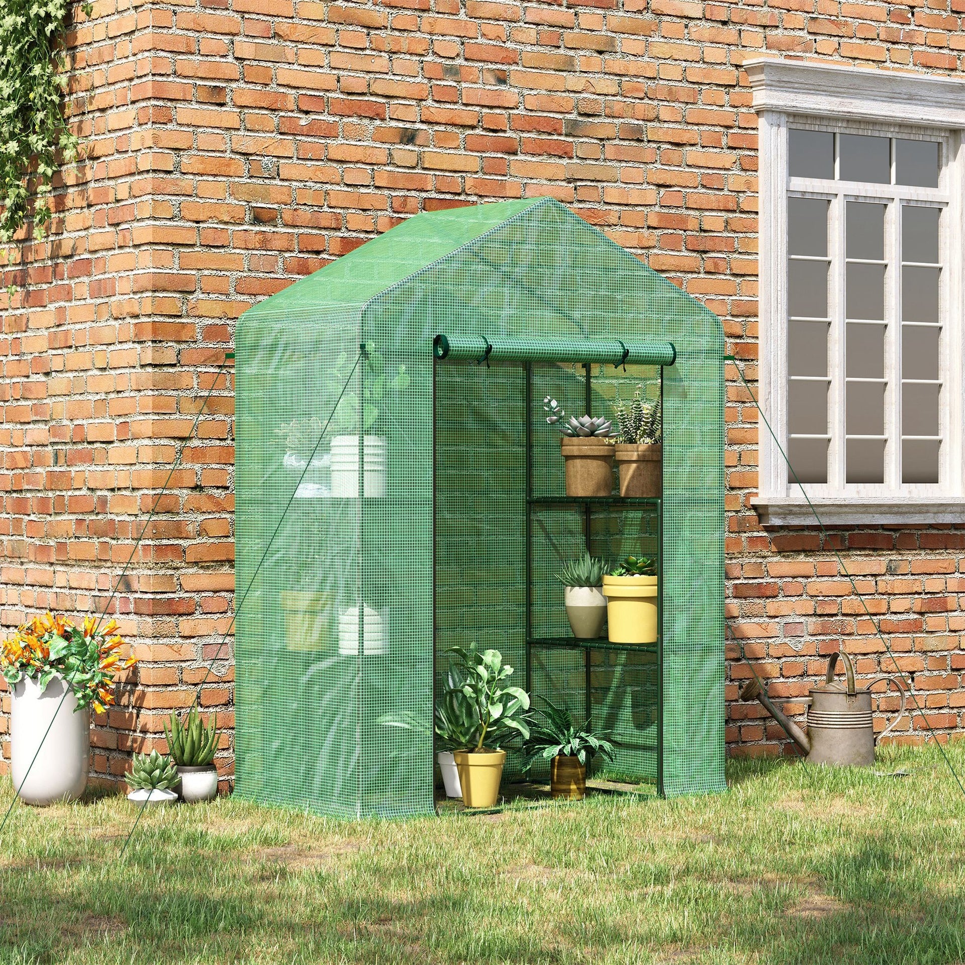 Outsunny 56" x 29" x 77" Walk-in Greenhouse, Garden Hot House with 3 Tier Shleves, Roll-Up Door and PE Cover, Green