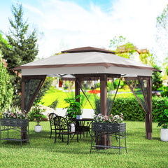 Outsunny 12' x 12' Pop Up Canopy Tent with Netting and Carry Bag, Instant Sun Shelter with 137 sq.ft Shade, Beige and Brown