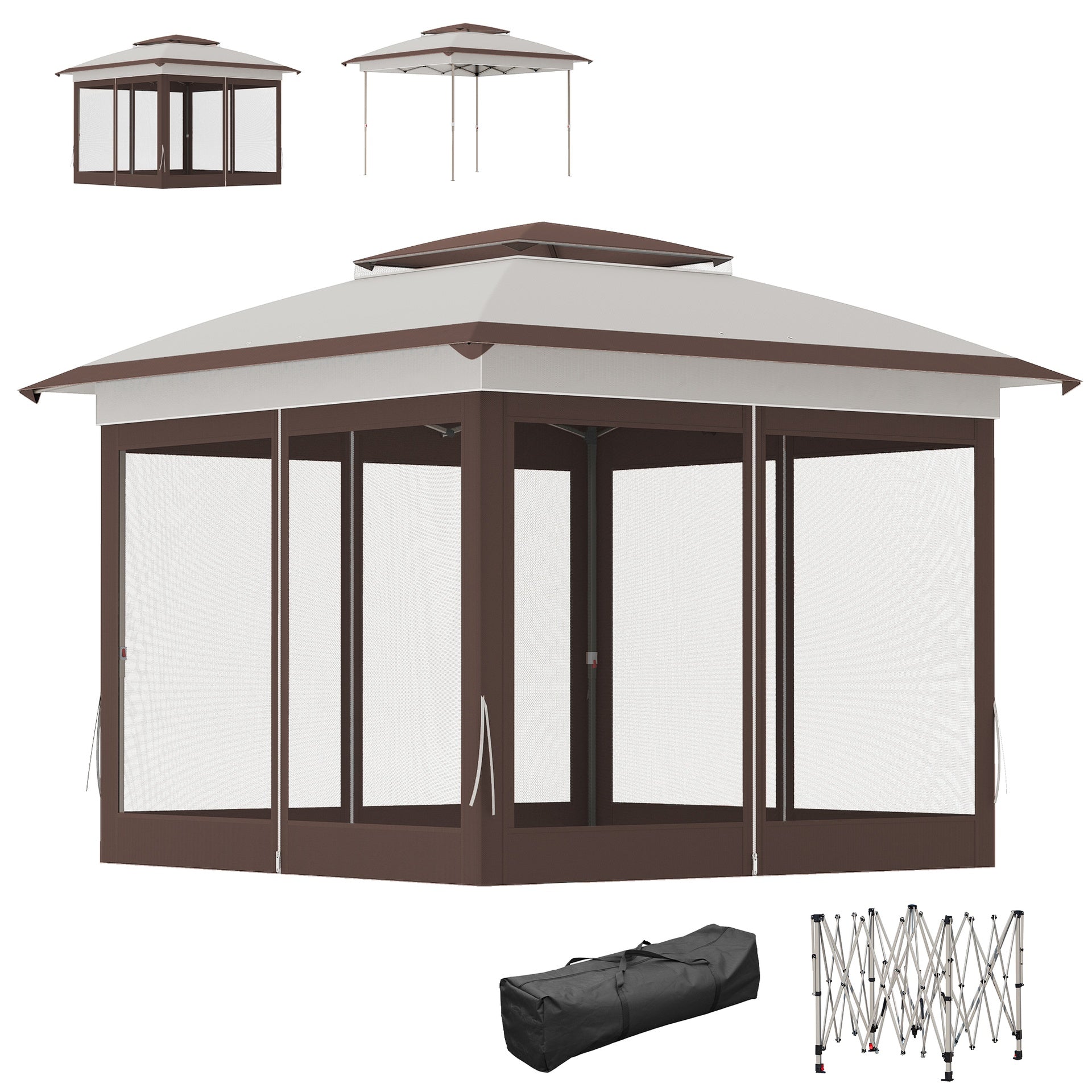 Outsunny 12' x 12' Pop Up Canopy Tent with Netting and Carry Bag, Instant Sun Shelter with 137 sq.ft Shade, Beige and Brown