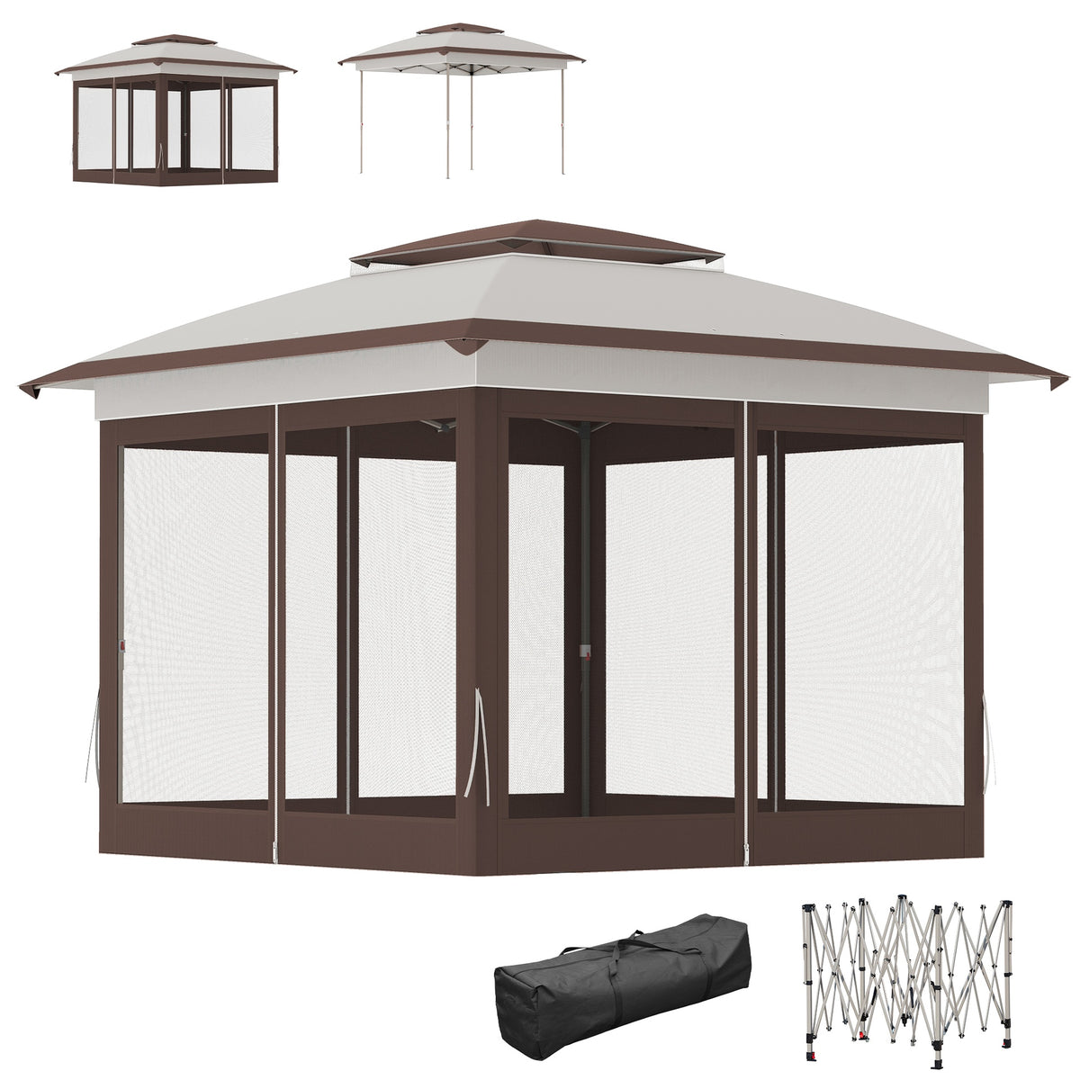 Outsunny 12' x 12' Pop Up Canopy Tent with Netting and Carry Bag, Instant Sun Shelter with 137 sq.ft Shade, Beige and Brown