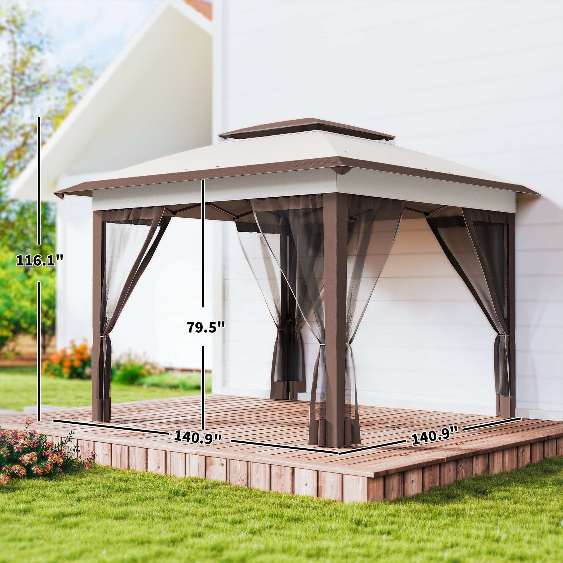 Outsunny 12' x 12' Pop Up Canopy Tent with Netting and Carry Bag, Instant Sun Shelter with 137 sq.ft Shade, Beige and Brown