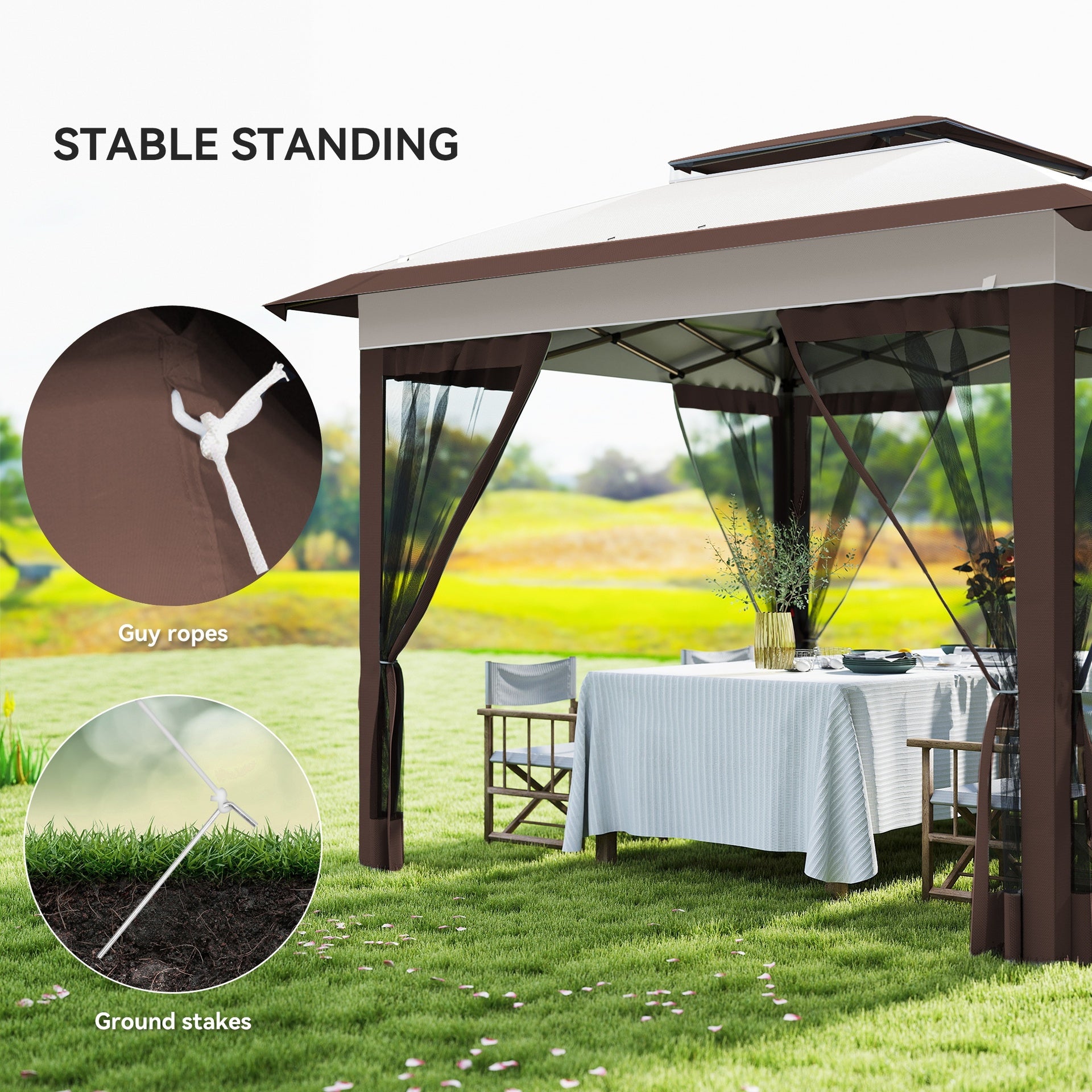 Outsunny 12' x 12' Pop Up Canopy Tent with Netting and Carry Bag, Instant Sun Shelter with 137 sq.ft Shade, Beige and Brown