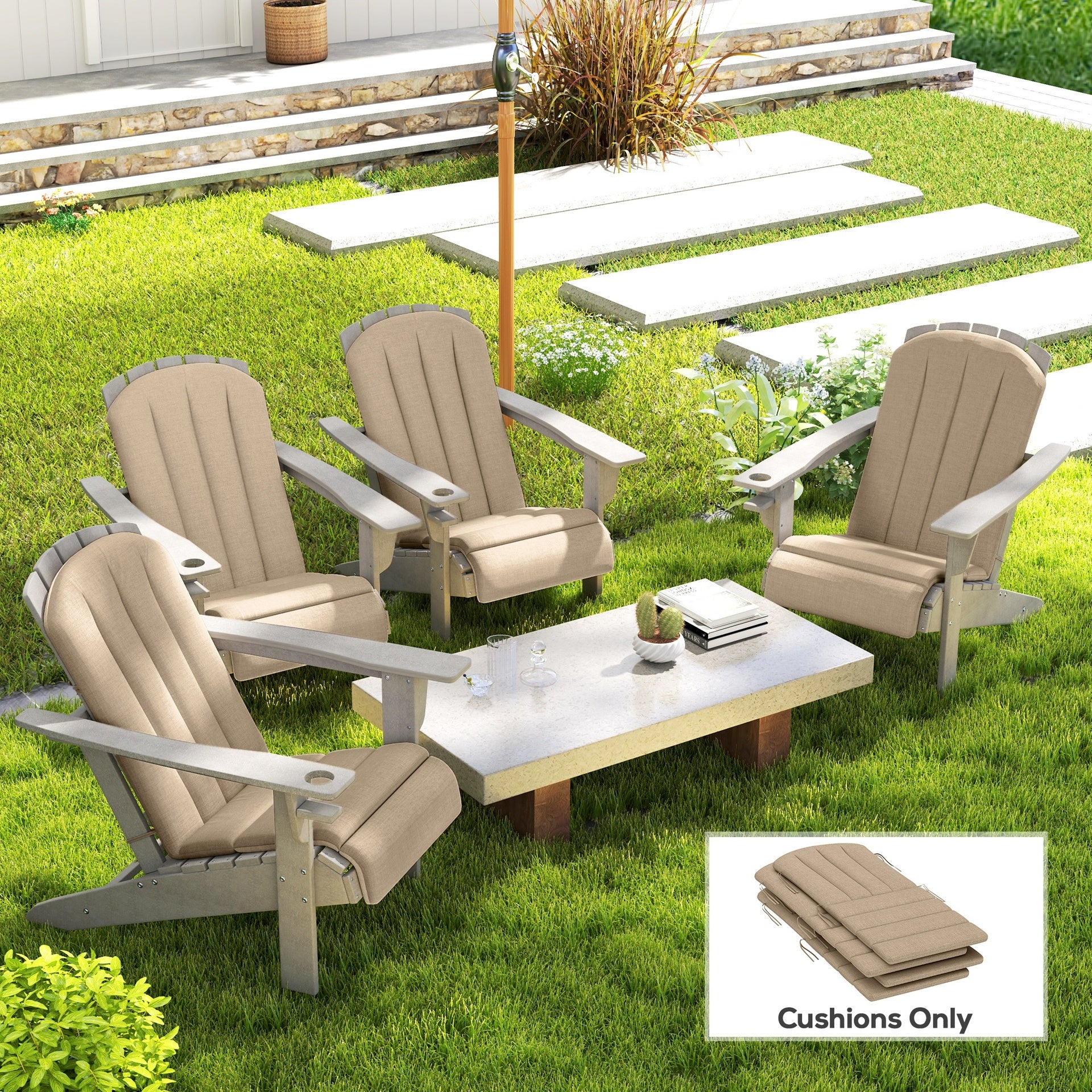 Outsunny Set of 4 Outdoor Chair Cushions, High Back Adirondack Chair Cushion with Ties, High-Density Foam, Beige