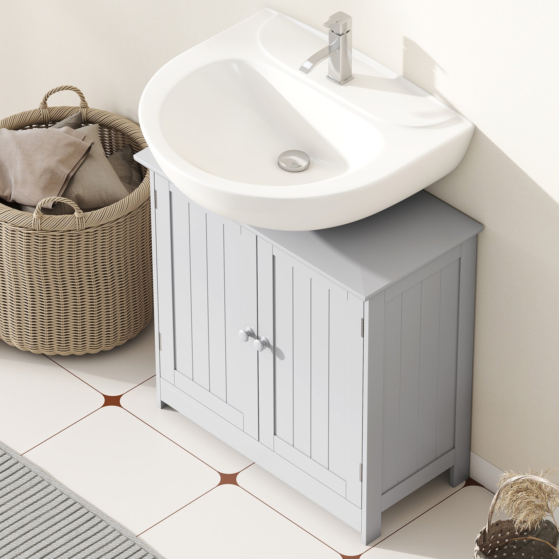 HOMCOM Bathroom Vanity Cabinet, Under Sink Bathroom Cabinet with 2 Doors and Adjustable Shelf, Light Gray