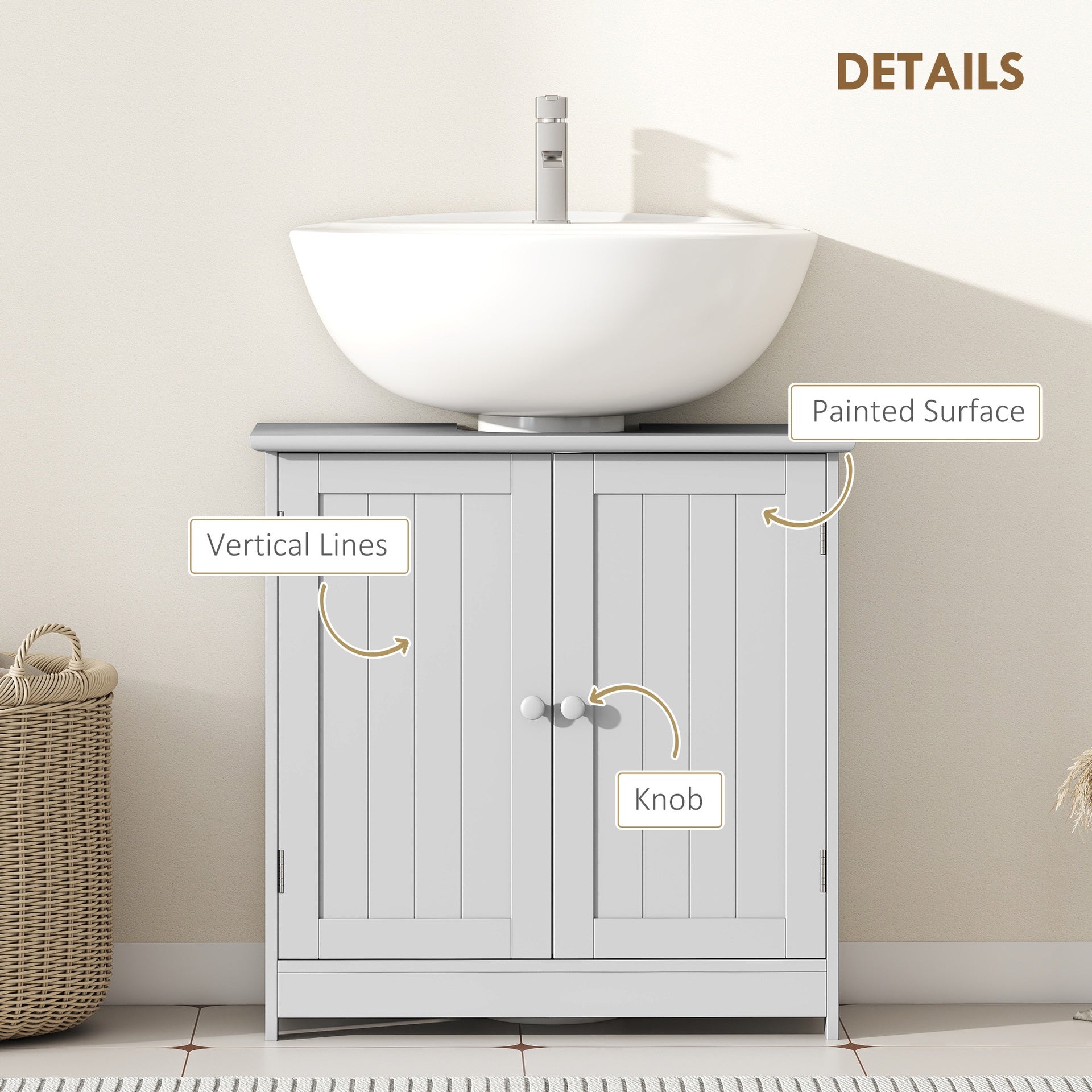 HOMCOM Bathroom Vanity Cabinet, Under Sink Bathroom Cabinet with 2 Doors and Adjustable Shelf, Light Gray